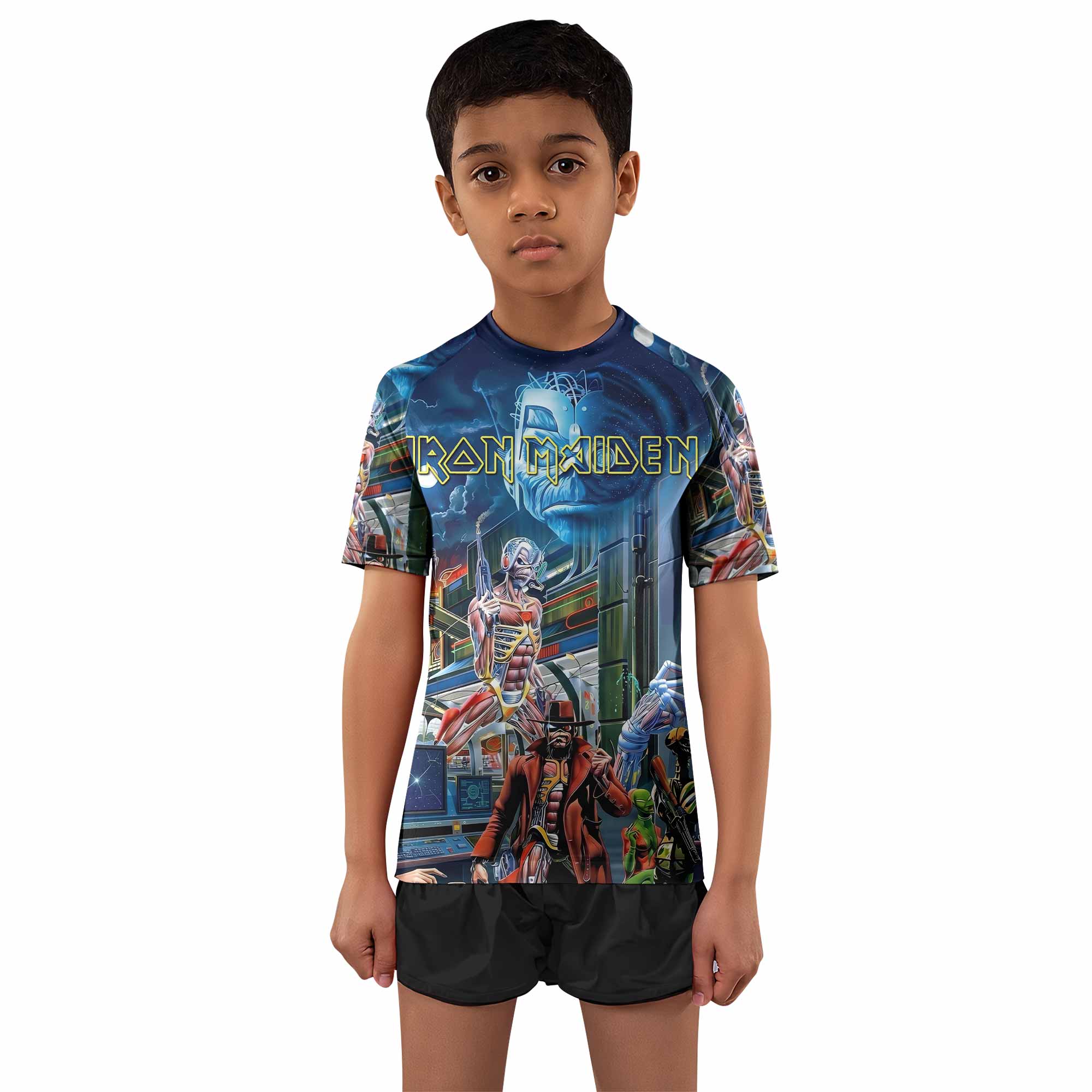 Iron Maiden Somewhere in Time Eddie Cyborg Kids Rash Guard Short Sleeve - boy's lifestyle view