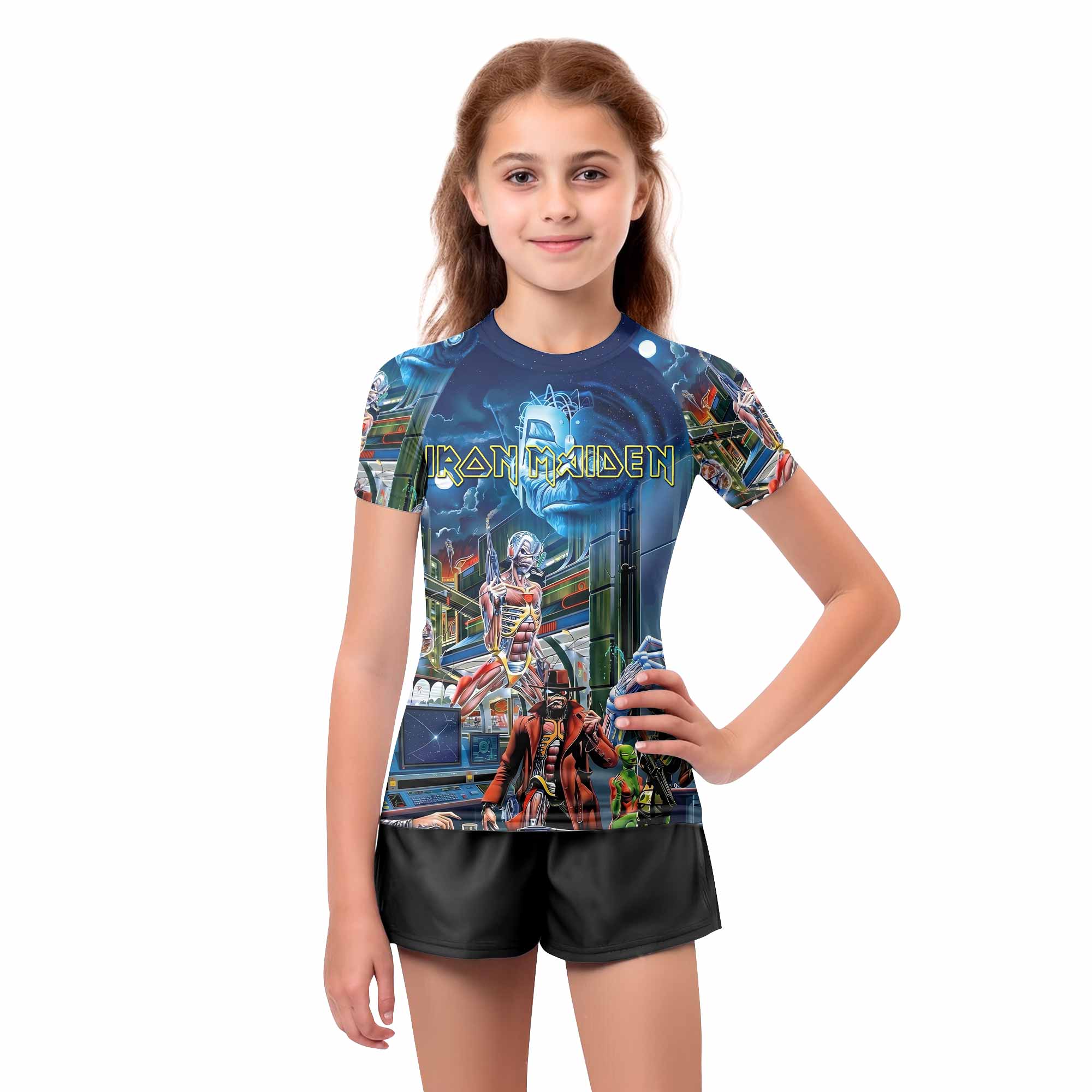Iron Maiden Somewhere in Time Eddie Cyborg Kids Rash Guard Short Sleeve - girl's lifestyle view