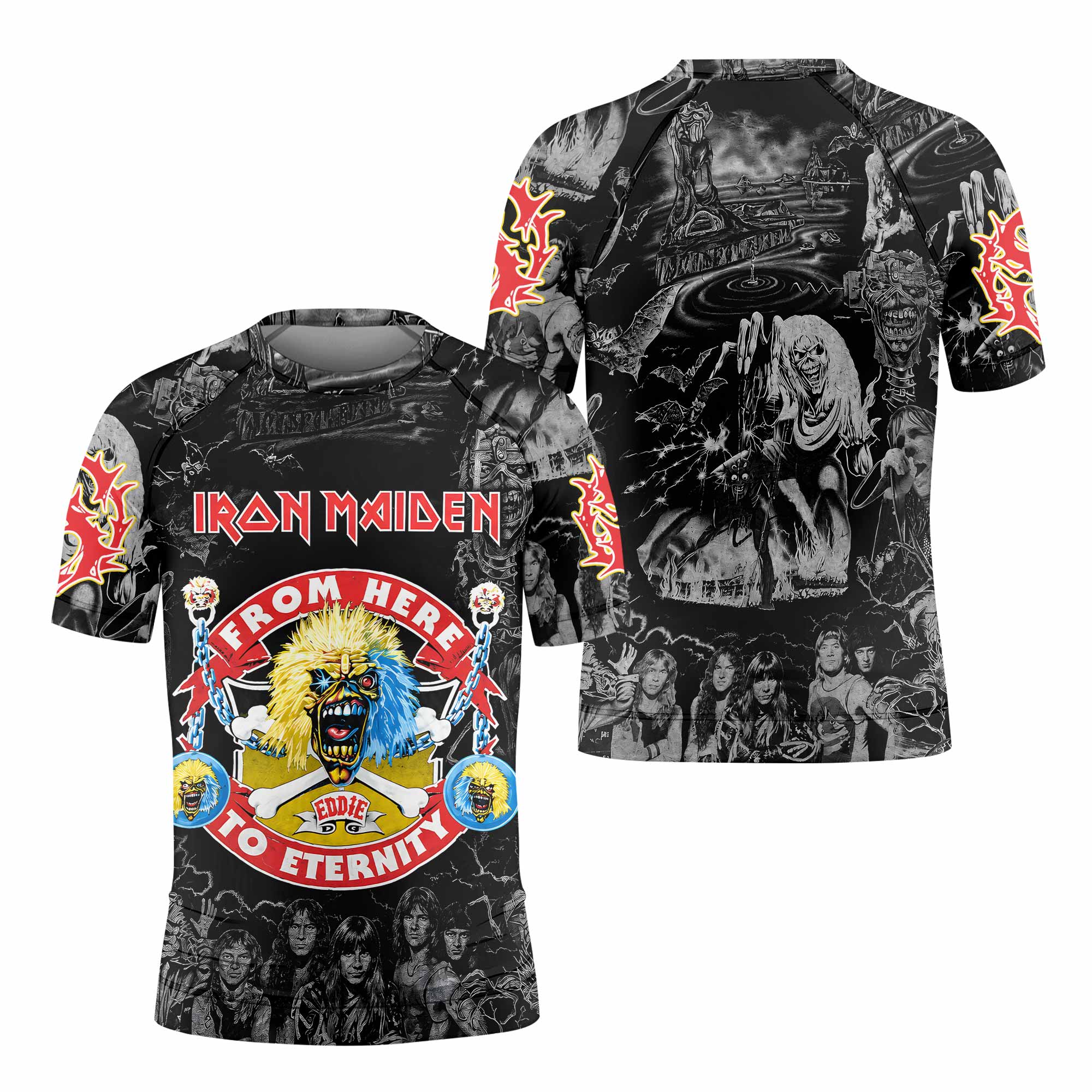 Iron Maiden From Here to Eternity Eddie Kids Rash Guard Short Sleeve - front and back view