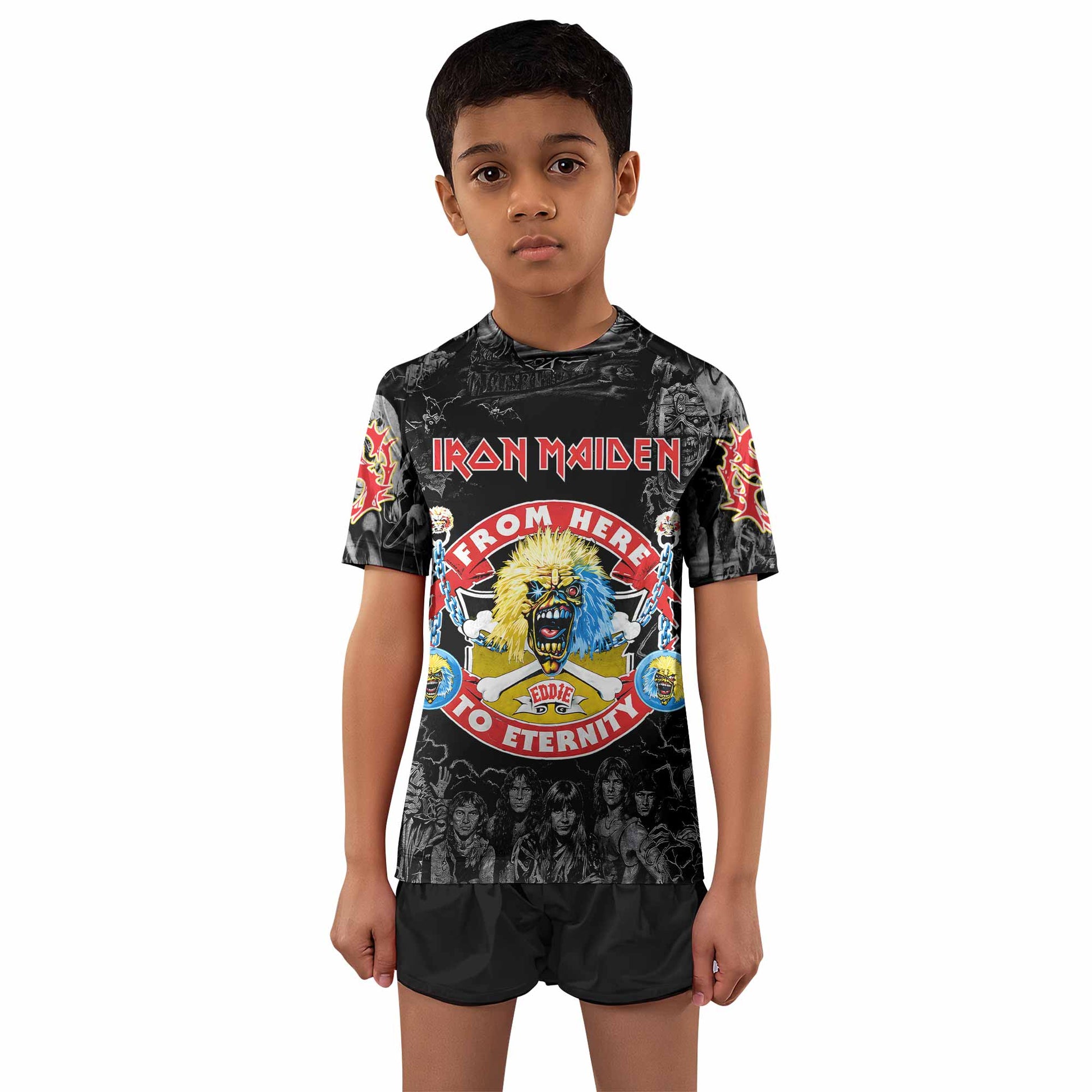 Iron Maiden From Here to Eternity Eddie Kids Rash Guard Short Sleeve - boy's lifestyle view