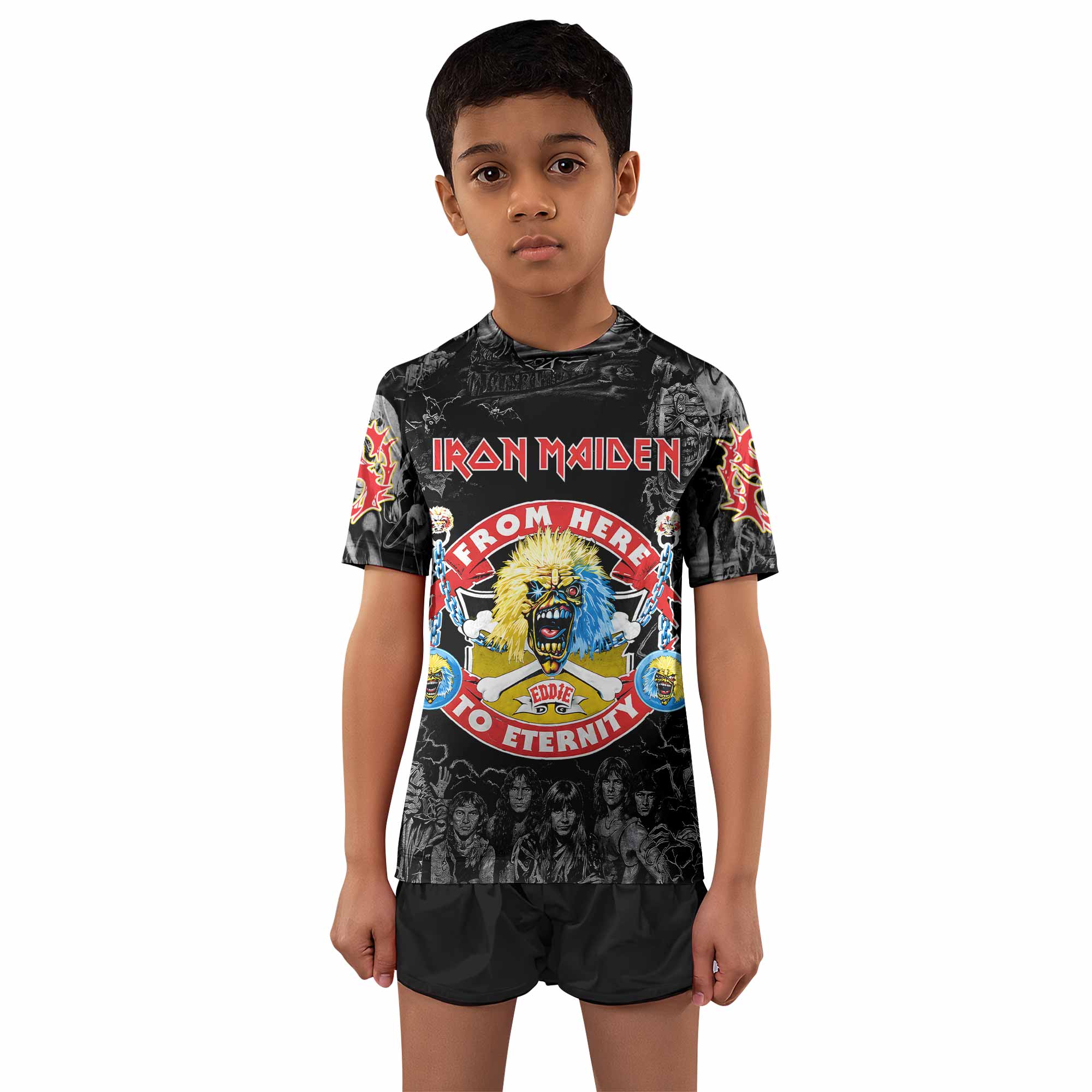 Iron Maiden From Here to Eternity Eddie Kids Rash Guard Short Sleeve - boy's lifestyle view