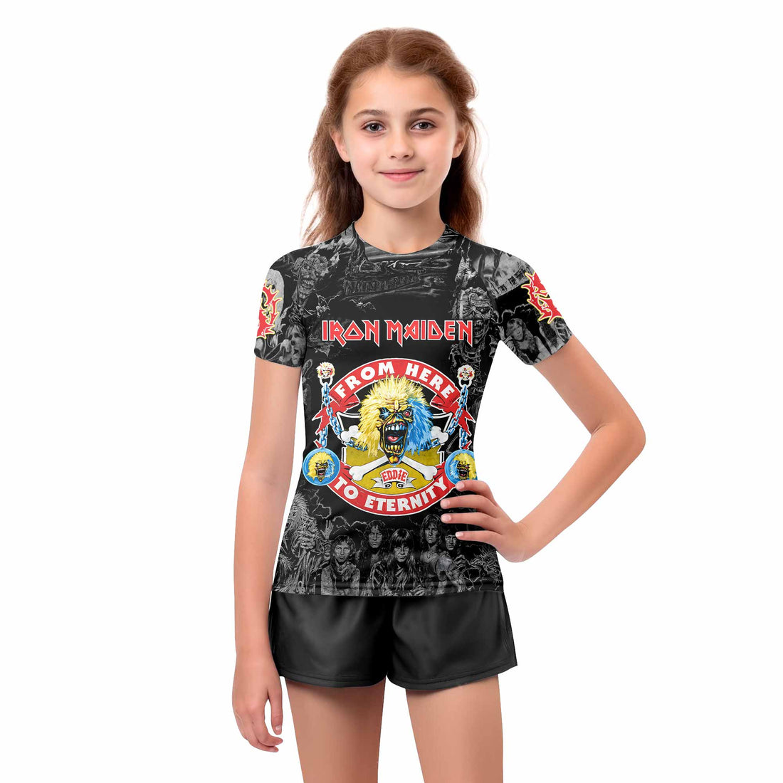 Iron Maiden From Here to Eternity Eddie Kids Rash Guard Short Sleeve - boy's lifestyle view