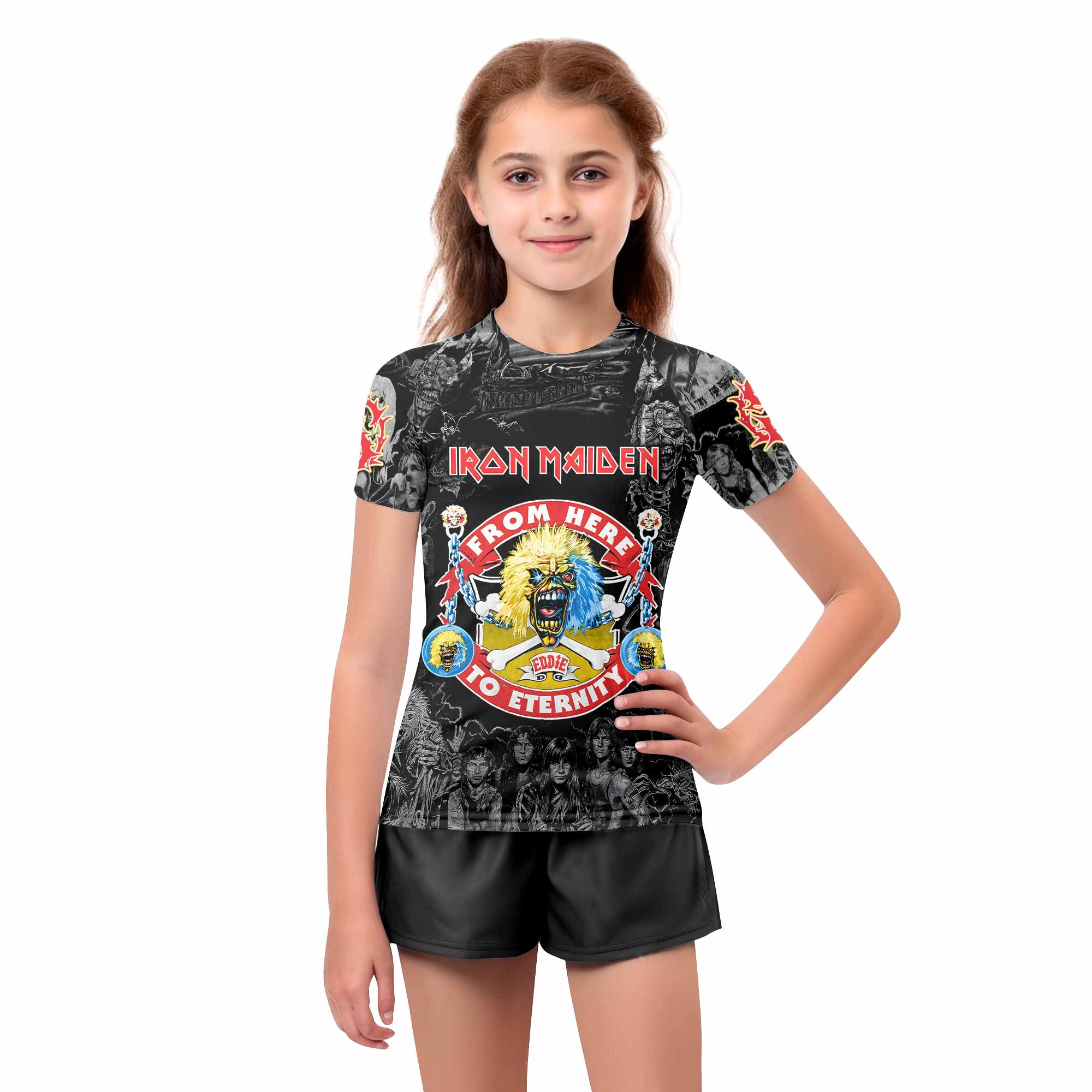 Iron Maiden From Here to Eternity Eddie Kids Rash Guard Short Sleeve - girl's lifestyle view