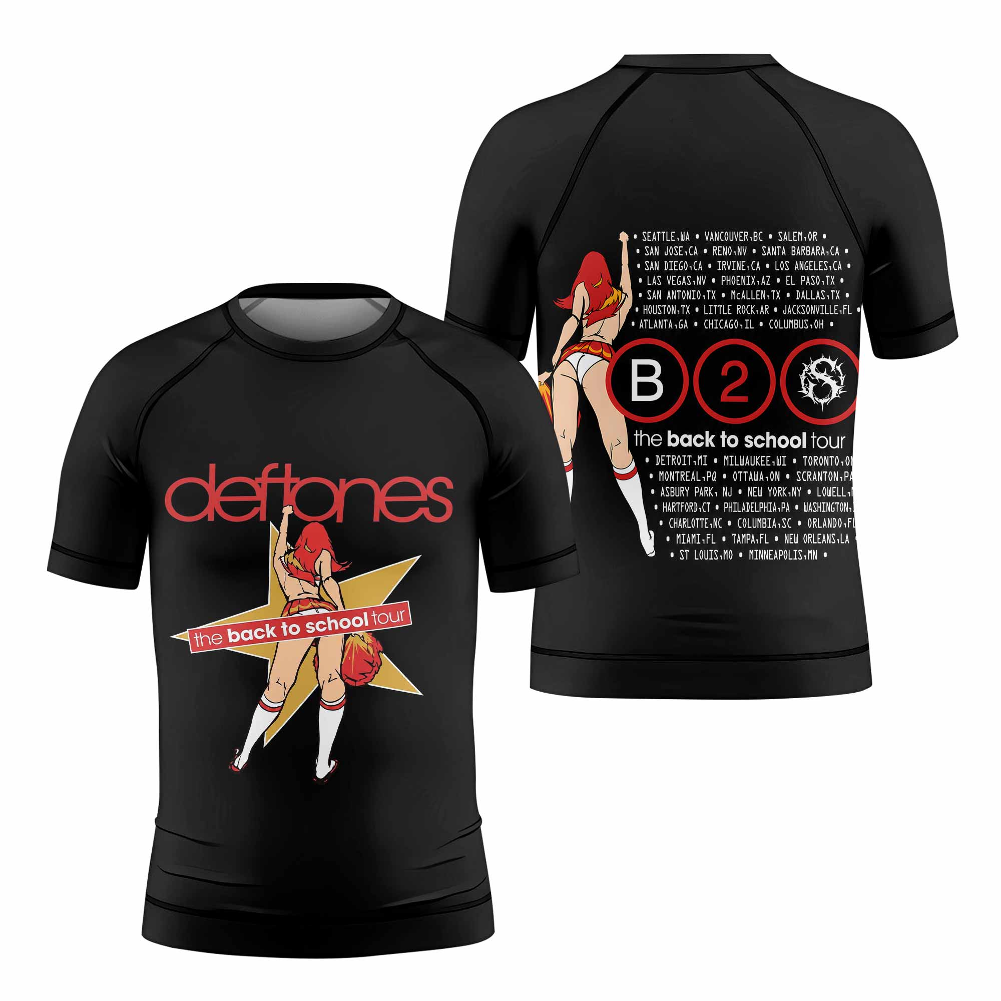 Deftones Back to School Tour Kids Rash Guard Short Sleeve - front and back view