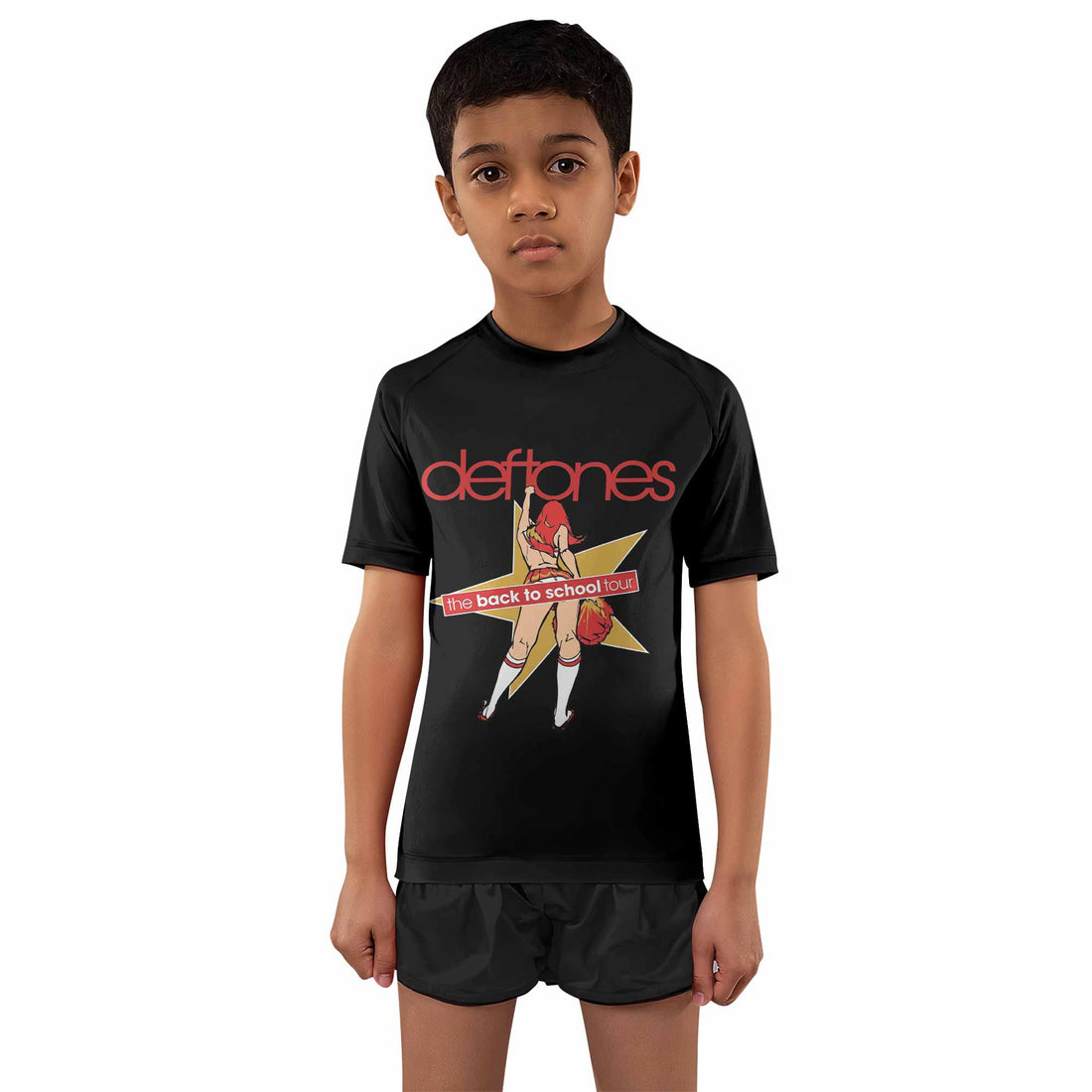 Deftones Back to School Tour Kids Rash Guard Short Sleeve - boy's lifestyle view