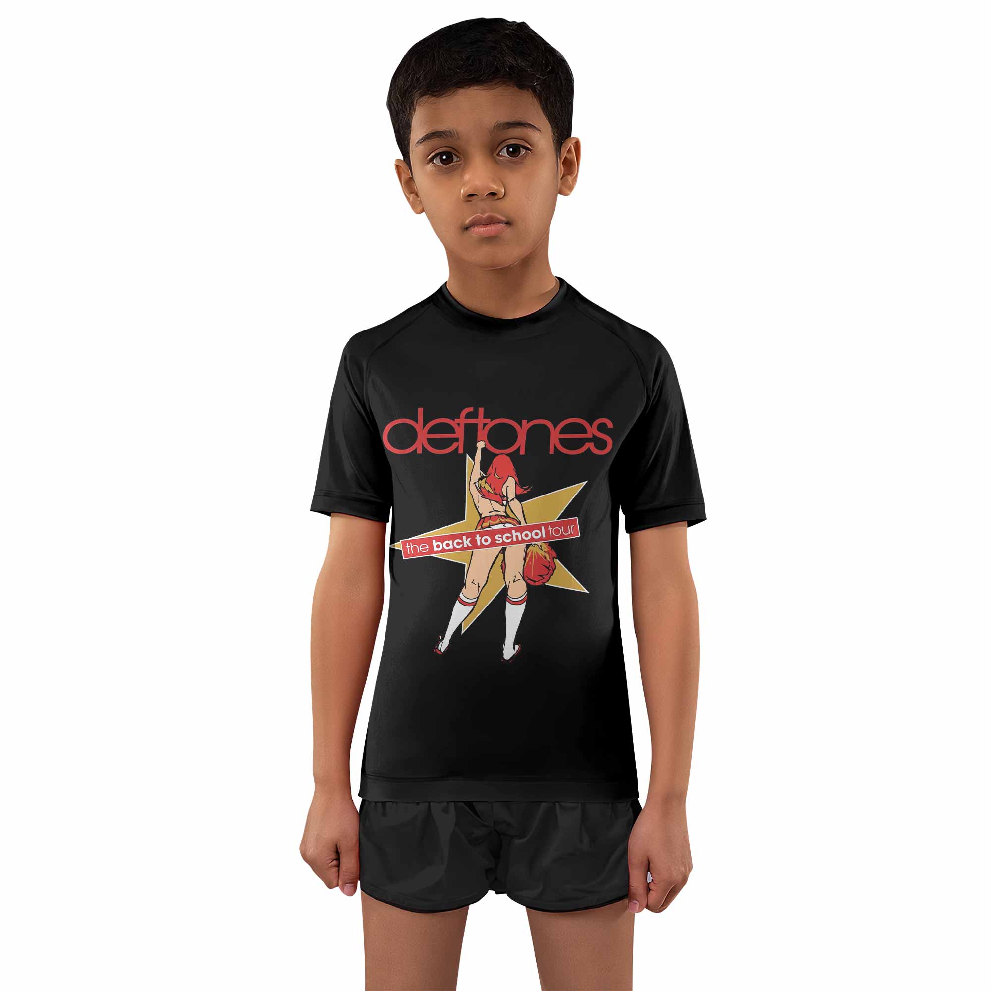 Deftones Back to School Tour Kids Rash Guard Short Sleeve - boy's lifestyle view