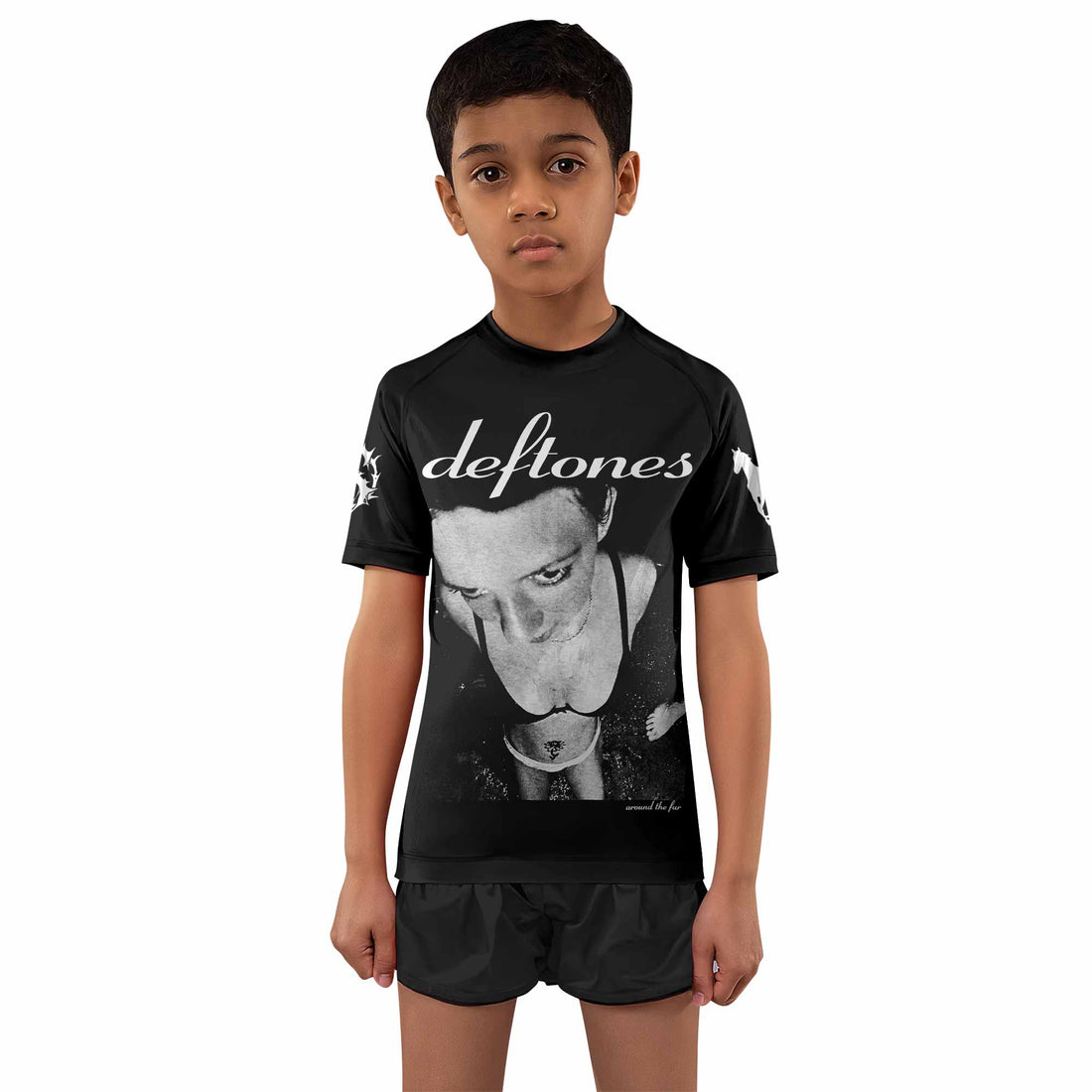 Deftones Around the Fur Kids Rash Guard Short Sleeve - boy's lifestyle view