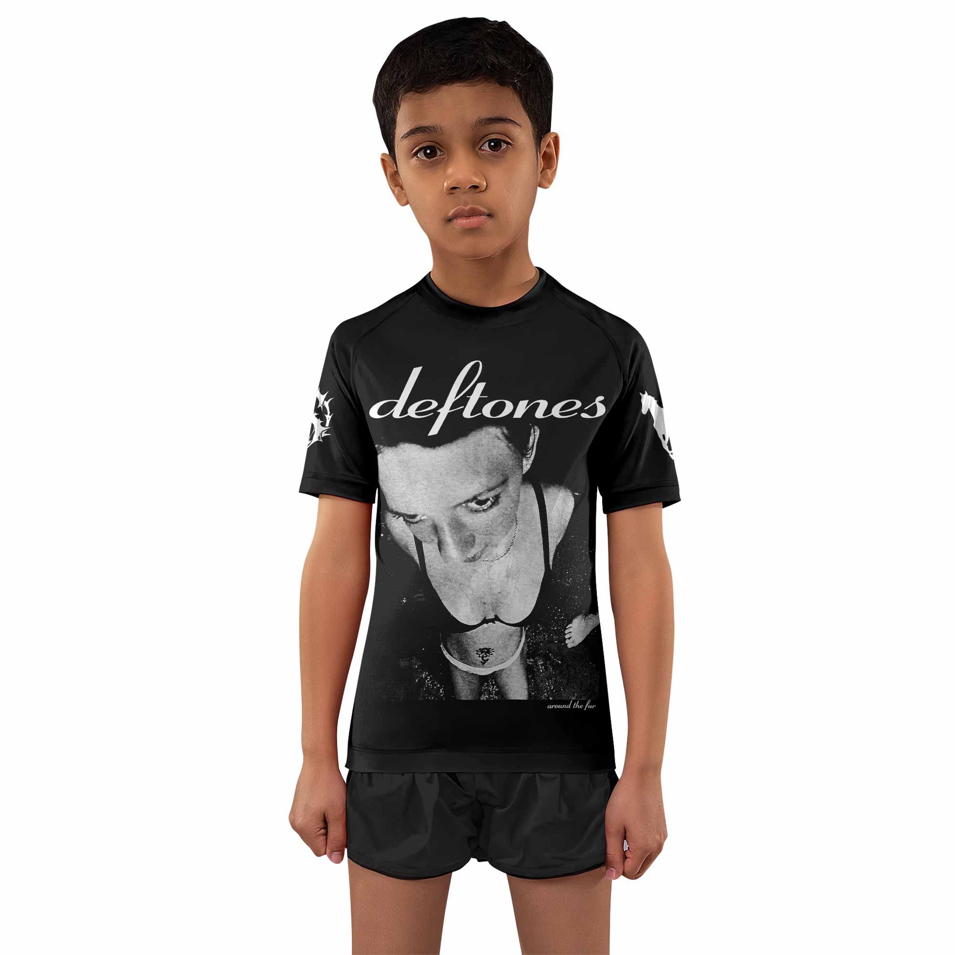 Deftones Around the Fur Kids Rash Guard Short Sleeve - boy's lifestyle view