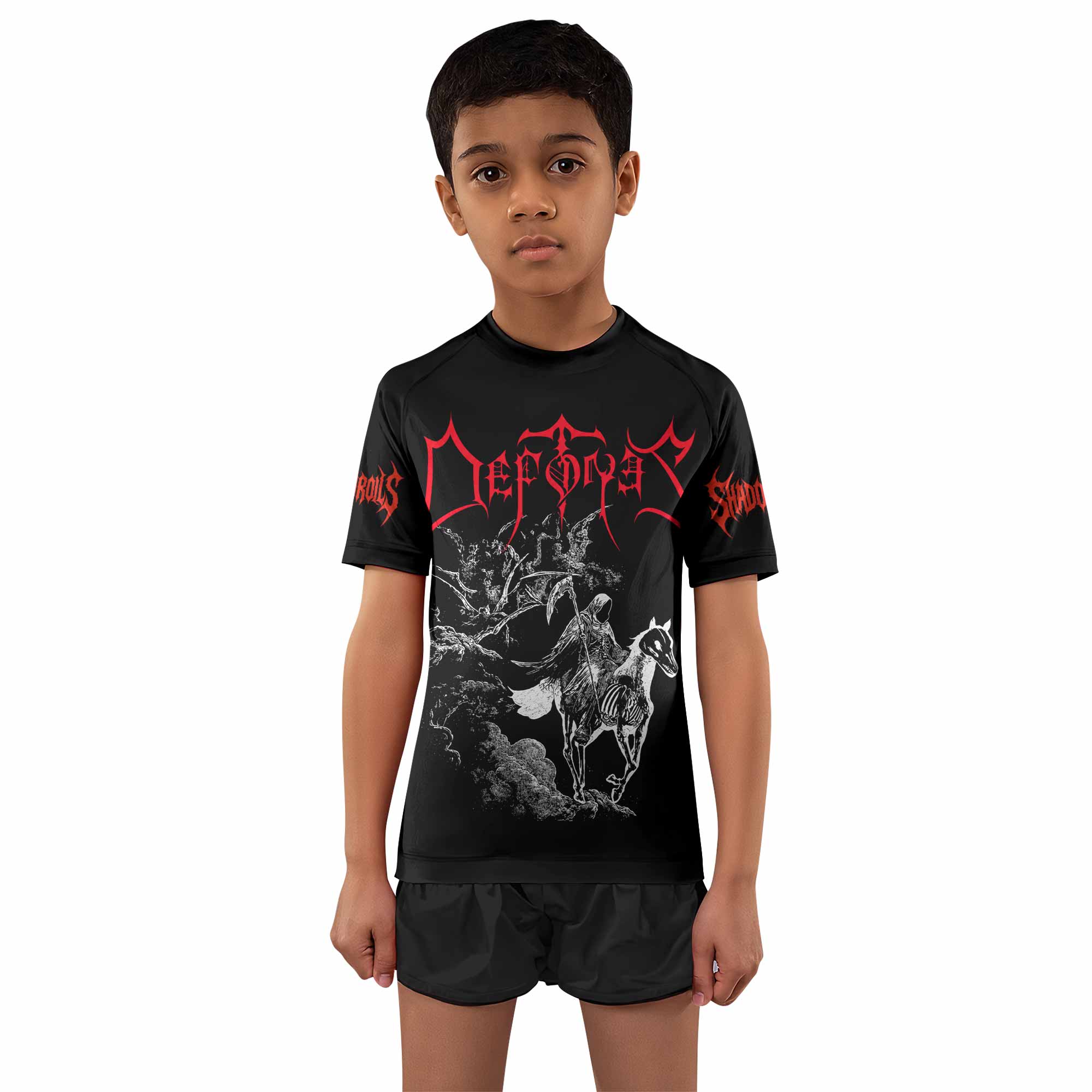 Deftones White Pony Grim Reaper Kids Rash Guard Short Sleeve - boy's lifestyle view