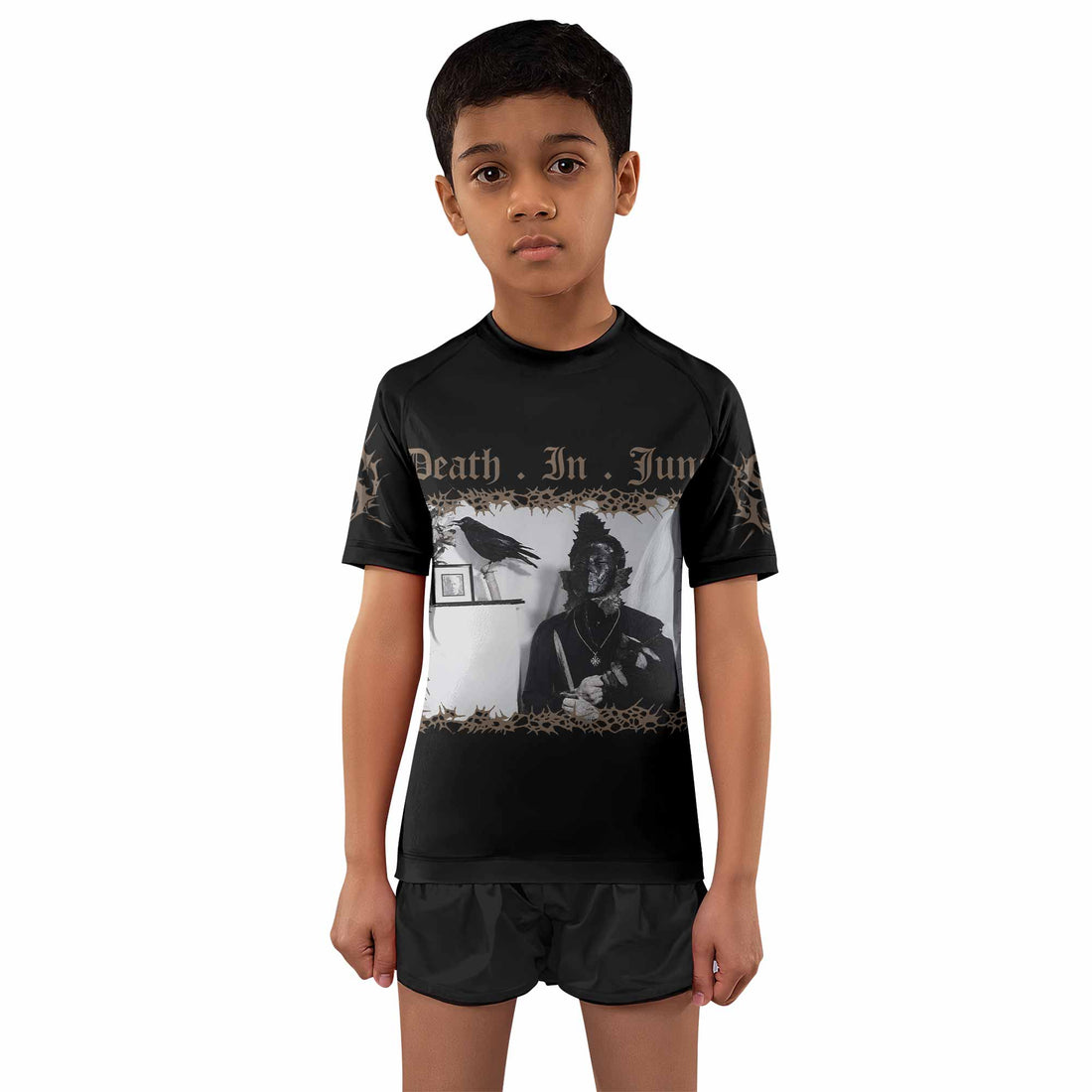 Death in June Ritual Raven Kids Rash Guard Short Sleeve - boy's lifestyle view