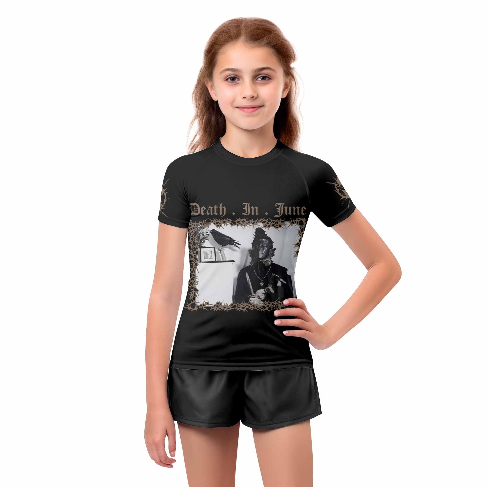 Death in June Ritual Raven Kids Rash Guard Short Sleeve - girl's lifestyle view