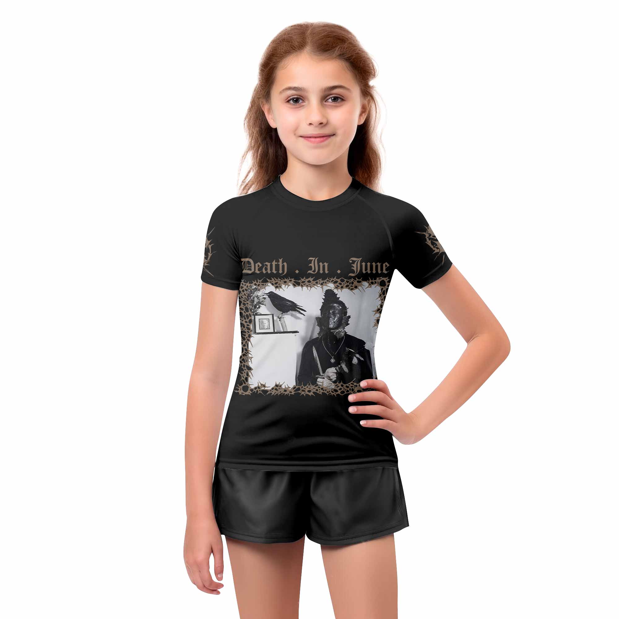 Death in June Ritual Raven Kids Rash Guard Short Sleeve - girl's lifestyle view