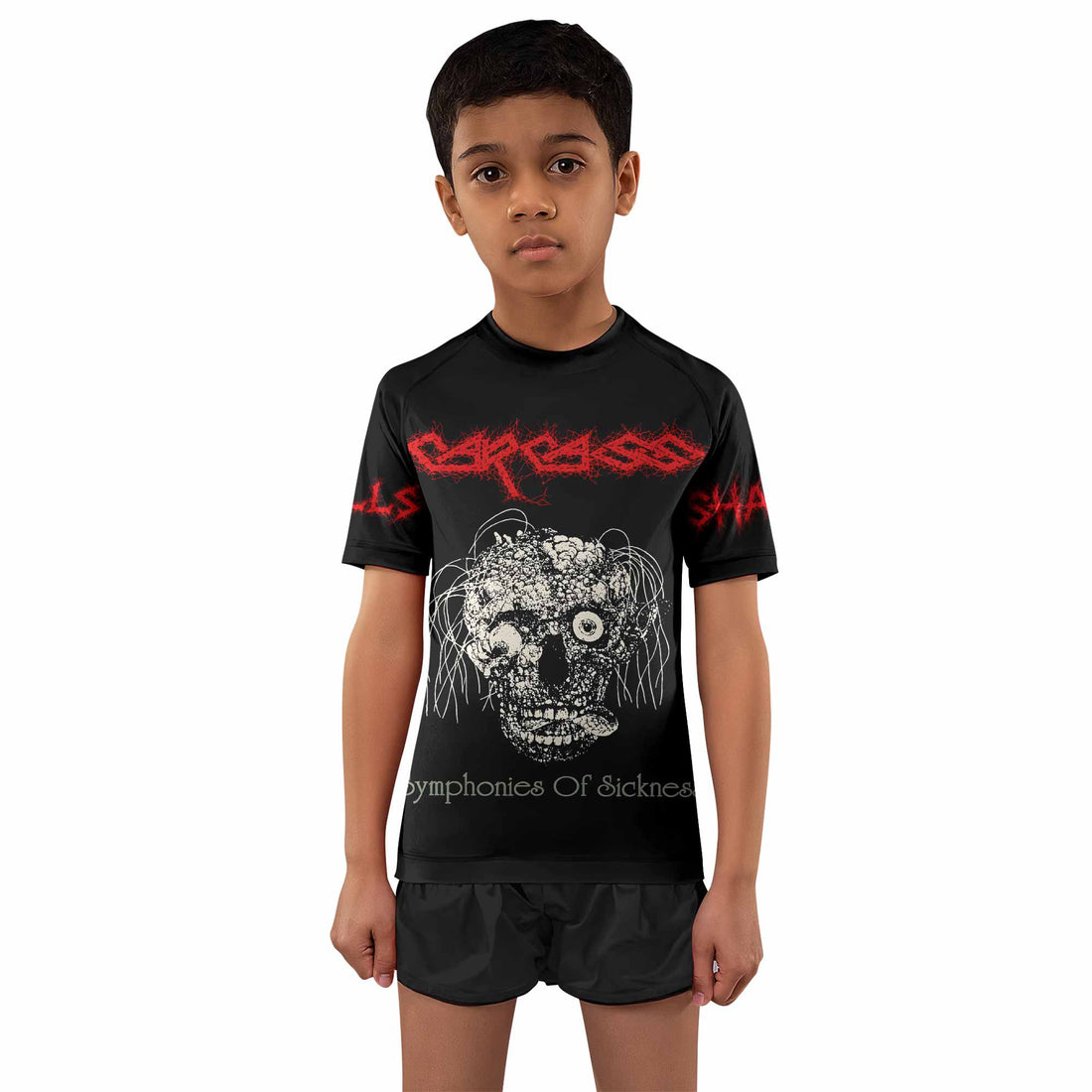 Carcass Symphonies of Sickness Kids Rash Guard Short Sleeve - boy's lifestyle view