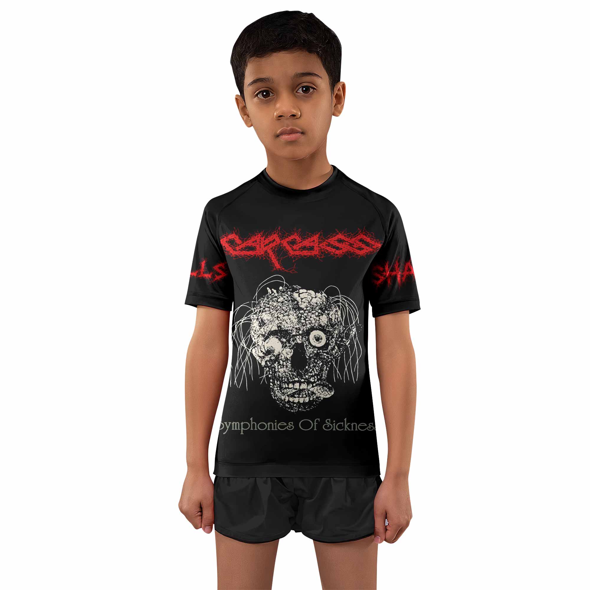 Carcass Symphonies of Sickness Kids Rash Guard Short Sleeve - boy's lifestyle view