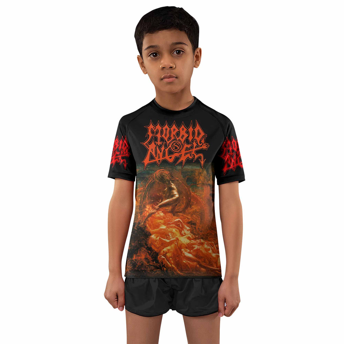 Morbid Angel Altars of Madness Kids Rash Guard Short Sleeve - boy's lifestyle view