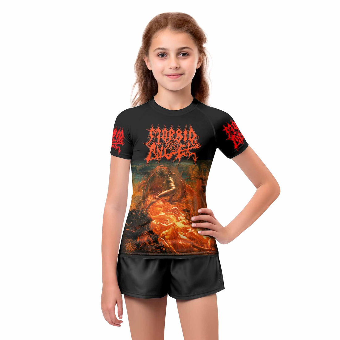 Morbid Angel Altars of Madness Kids Rash Guard Short Sleeve - boy's lifestyle view
