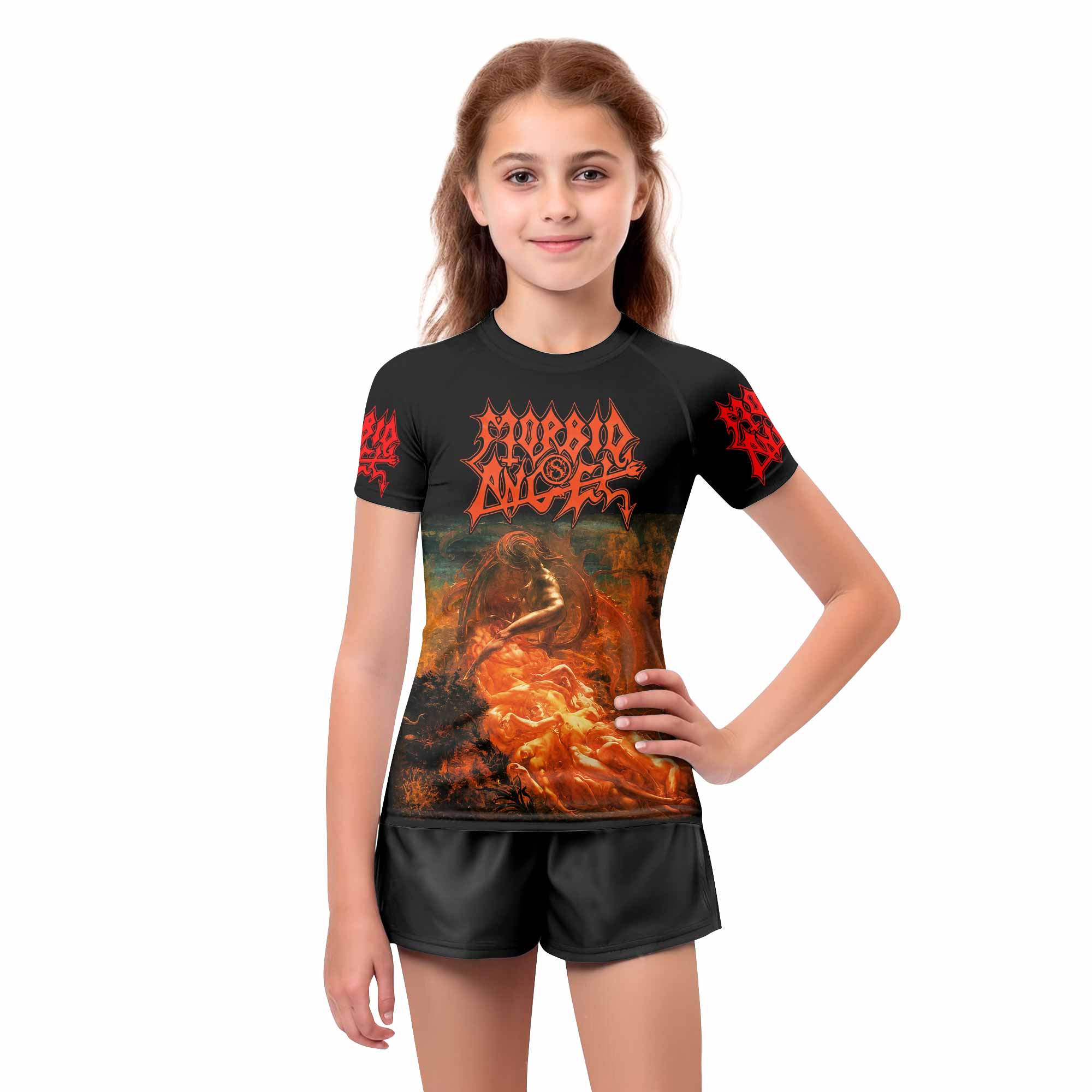 Morbid Angel Altars of Madness Kids Rash Guard Short Sleeve - girl's lifestyle view
