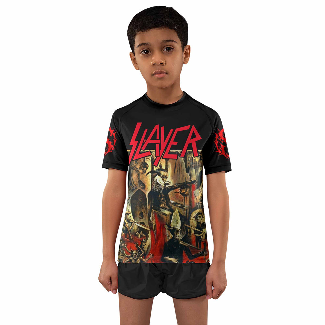 South of Heaven Slayer Kids Rash Guard Short Sleeve - boy's lifestyle view