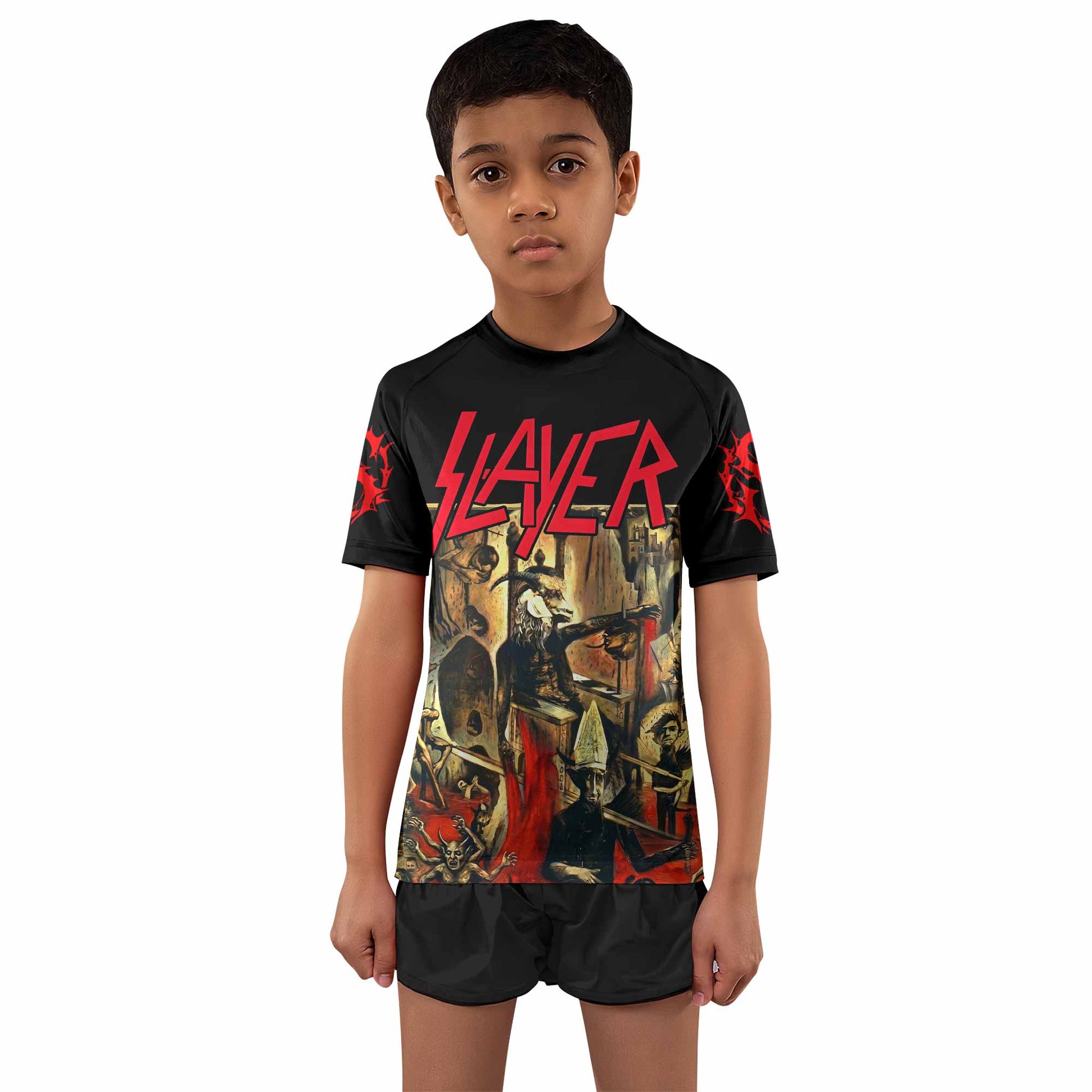 South of Heaven Slayer Kids Rash Guard Short Sleeve - boy's lifestyle view
