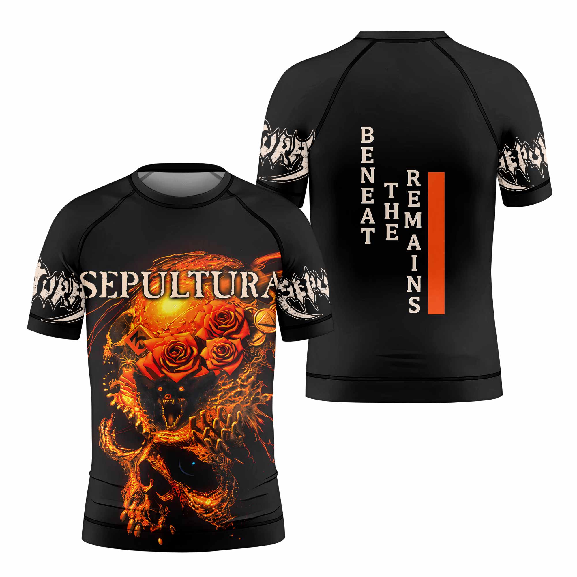 Beneath the Remains Sepultura Kids Rash Guard Short Sleeve - front and back view