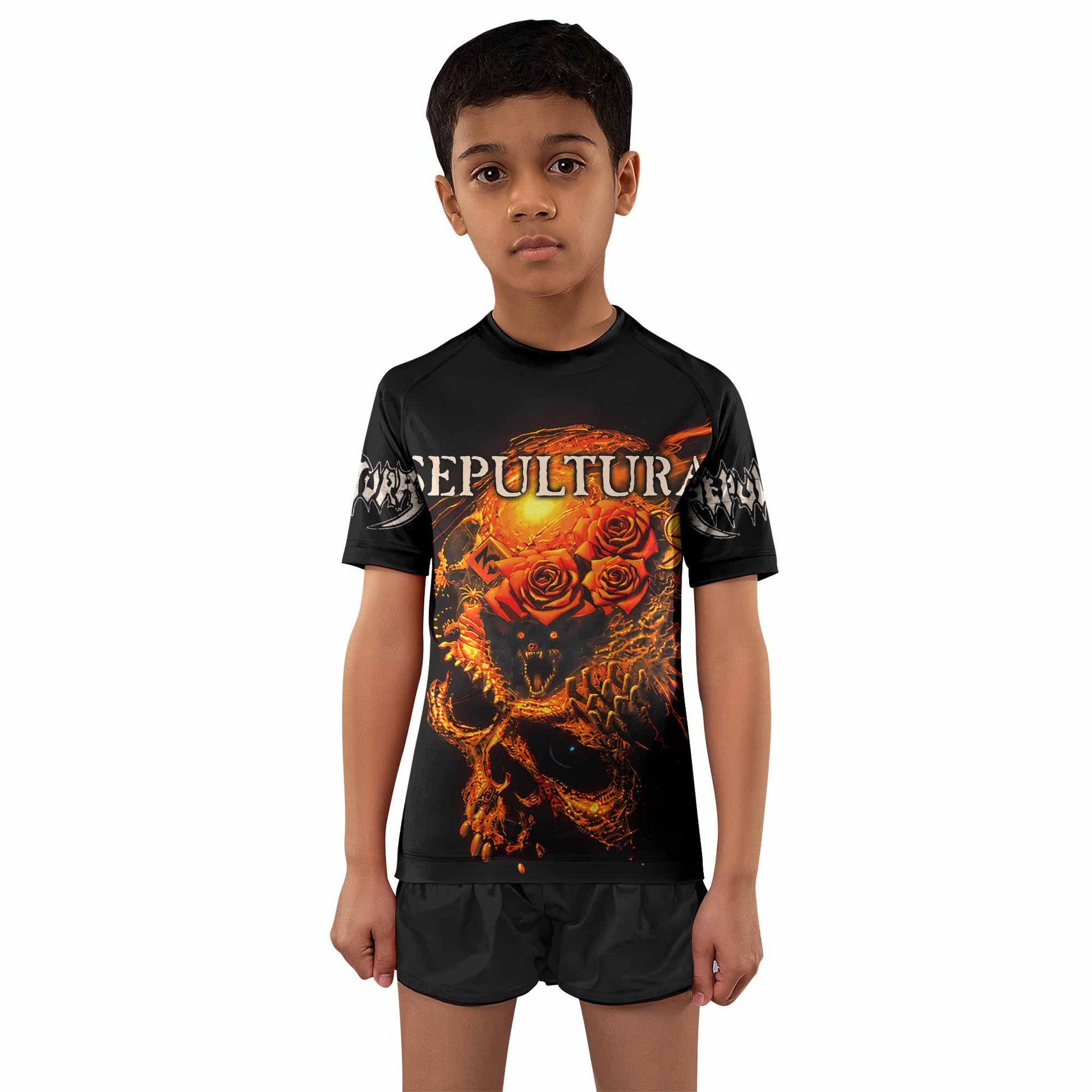 Beneath the Remains Sepultura Kids Rash Guard Short Sleeve - boy's lifestyle view