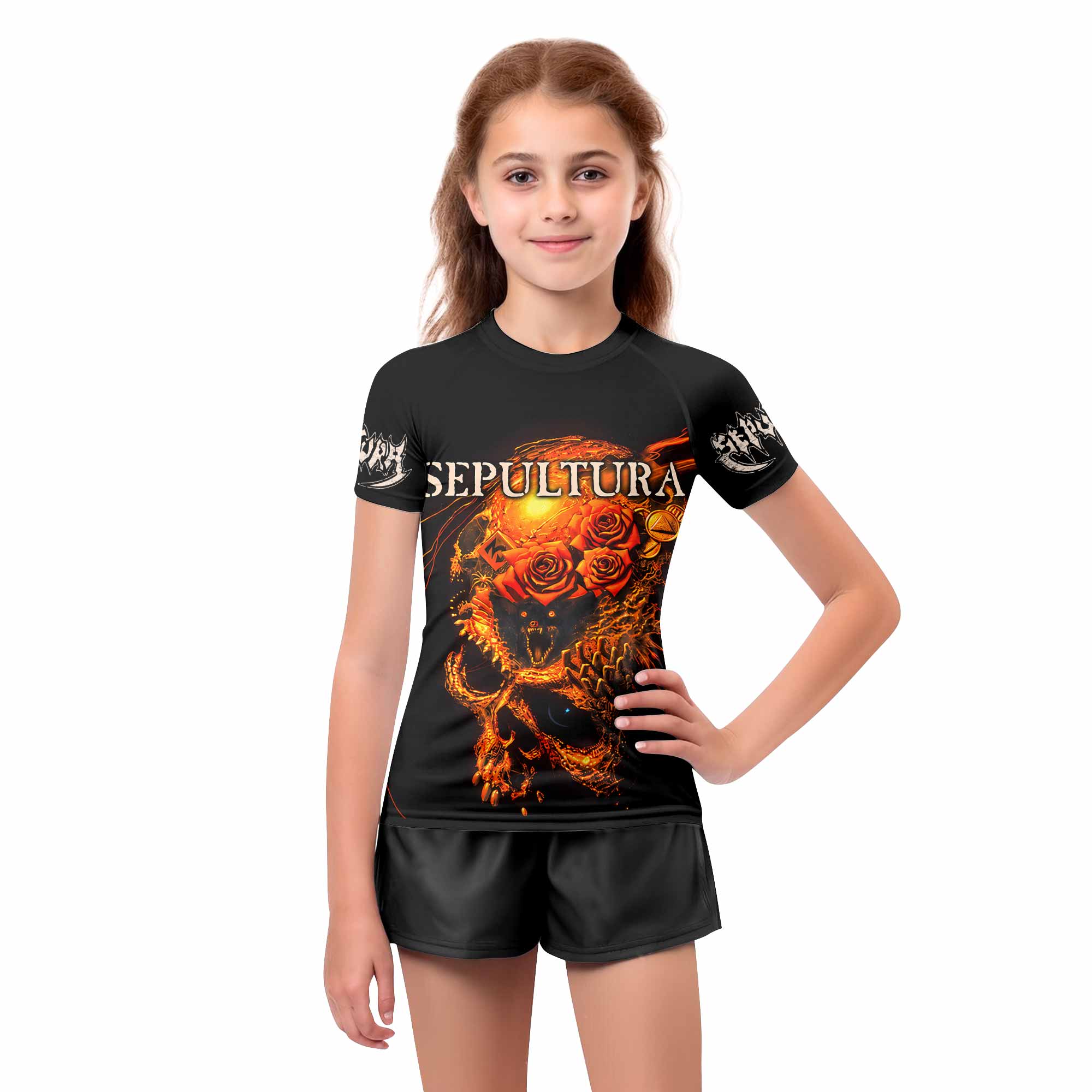 Beneath the Remains Sepultura Kids Rash Guard Short Sleeve - girl's lifestyle view