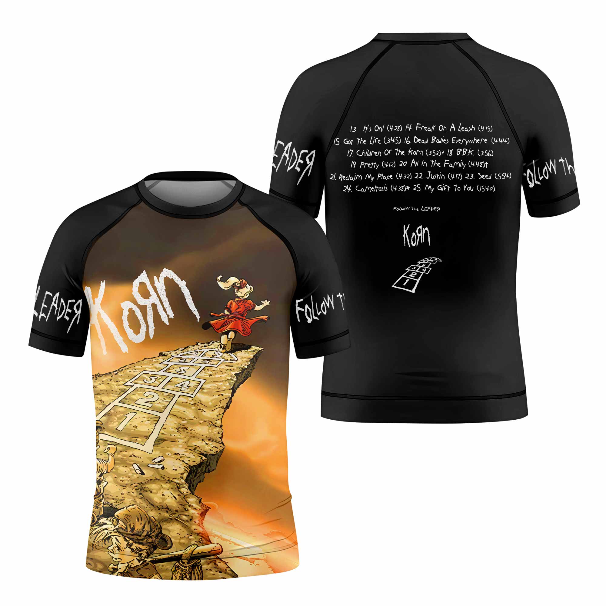 Korn Follow the Leader Hopscotch Kids Rash Guard Short Sleeve - front and back view