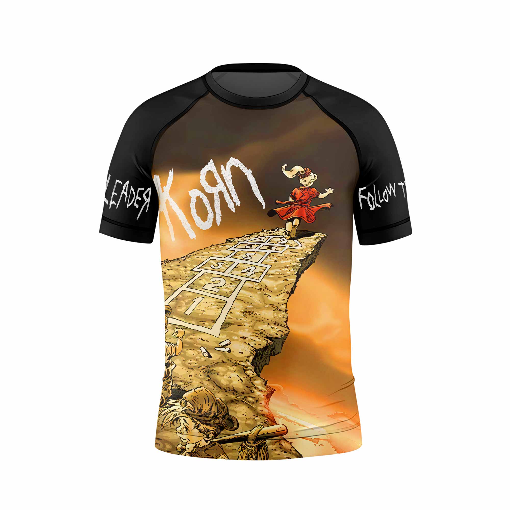 Korn Follow the Leader Hopscotch Kids Rash Guard Short Sleeve - front view mockup