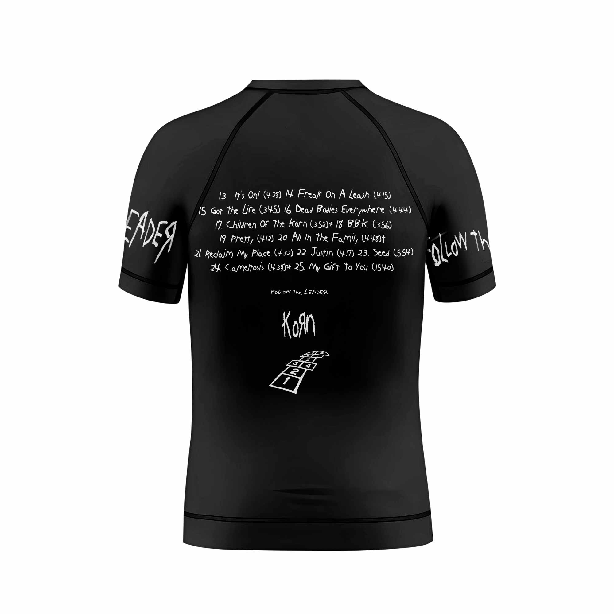Korn Follow the Leader Hopscotch Kids Rash Guard Short Sleeve - back view mockup
