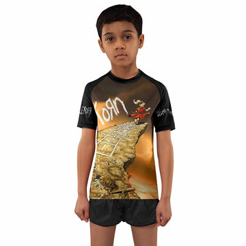Korn Follow the Leader Hopscotch Kids Rash Guard Short Sleeve - boy's lifestyle view