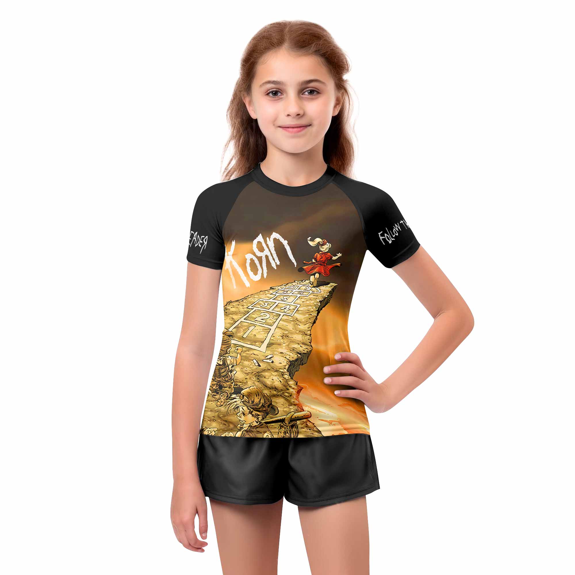 Korn Follow the Leader Hopscotch Kids Rash Guard Short Sleeve - girl's lifestyle view