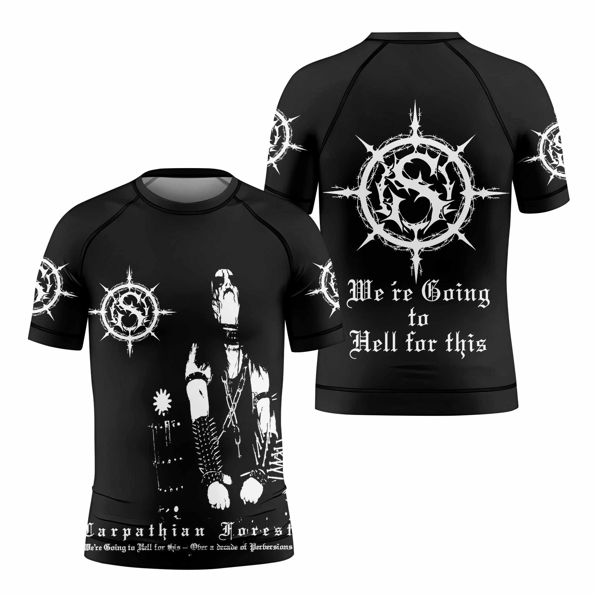 Carpathian Forest We're Going to Hell for This Kids Rash Guard Short Sleeve - front and back view