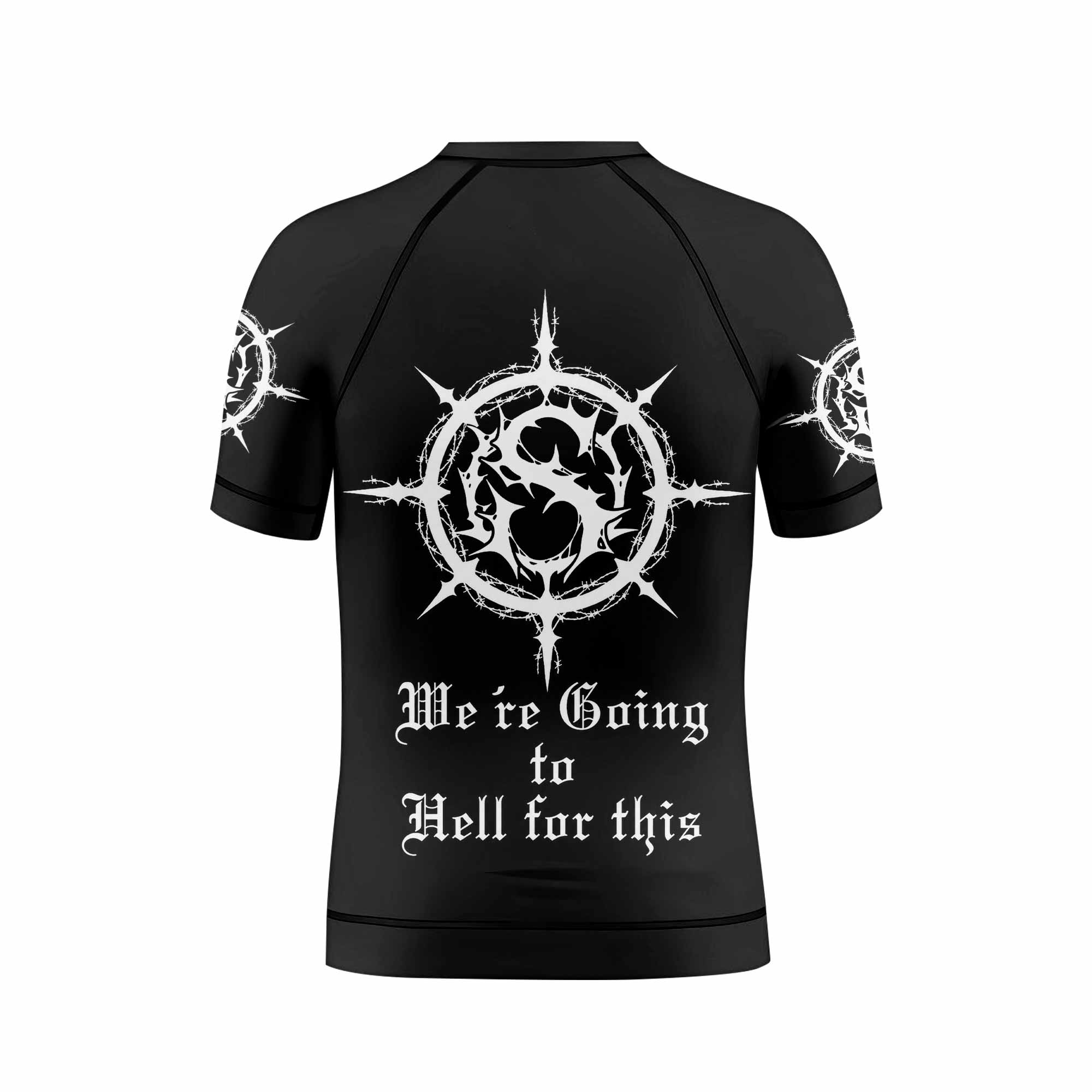 Carpathian Forest We're Going to Hell for This Kids Rash Guard Short Sleeve - back view mockup