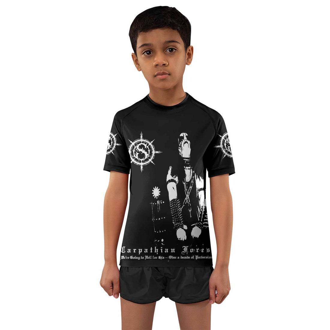 Carpathian Forest We're Going to Hell for This Kids Rash Guard Short Sleeve - boy's lifestyle view