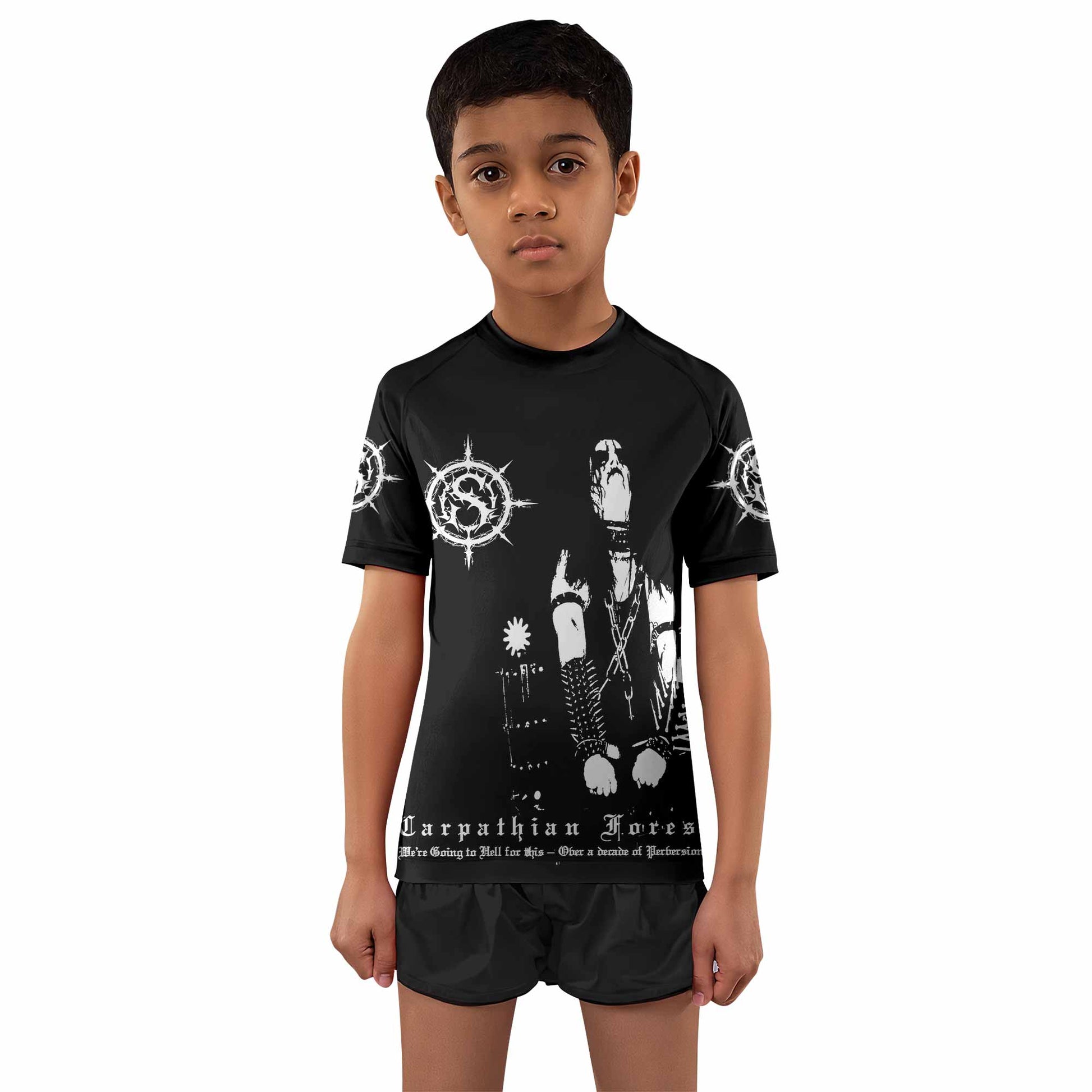 Carpathian Forest We're Going to Hell for This Kids Rash Guard Short Sleeve - boy's lifestyle view