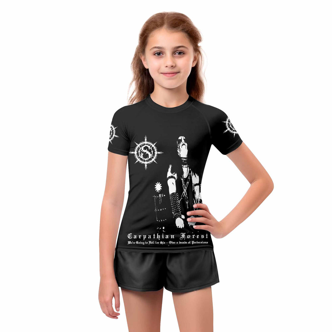 Carpathian Forest We're Going to Hell for This Kids Rash Guard Short Sleeve - boy's lifestyle view