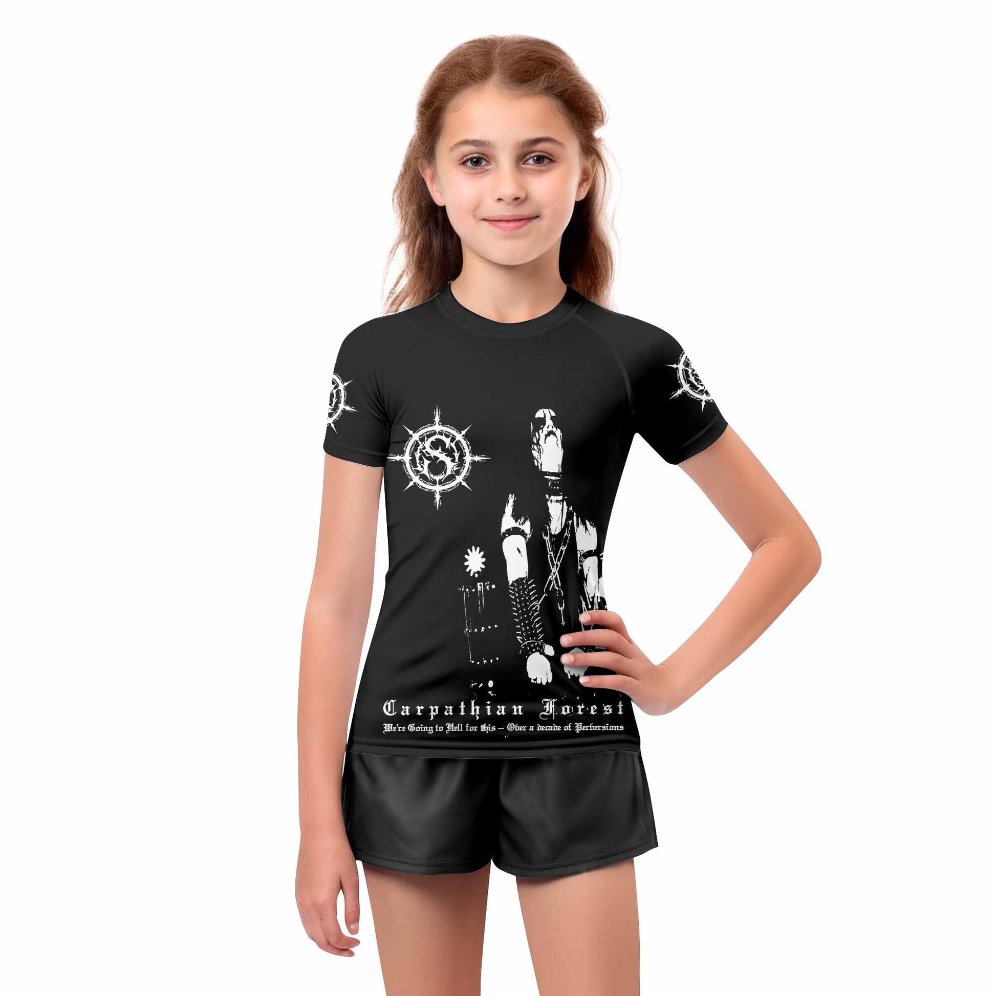 Carpathian Forest We're Going to Hell for This Kids Rash Guard Short Sleeve - girl's lifestyle view