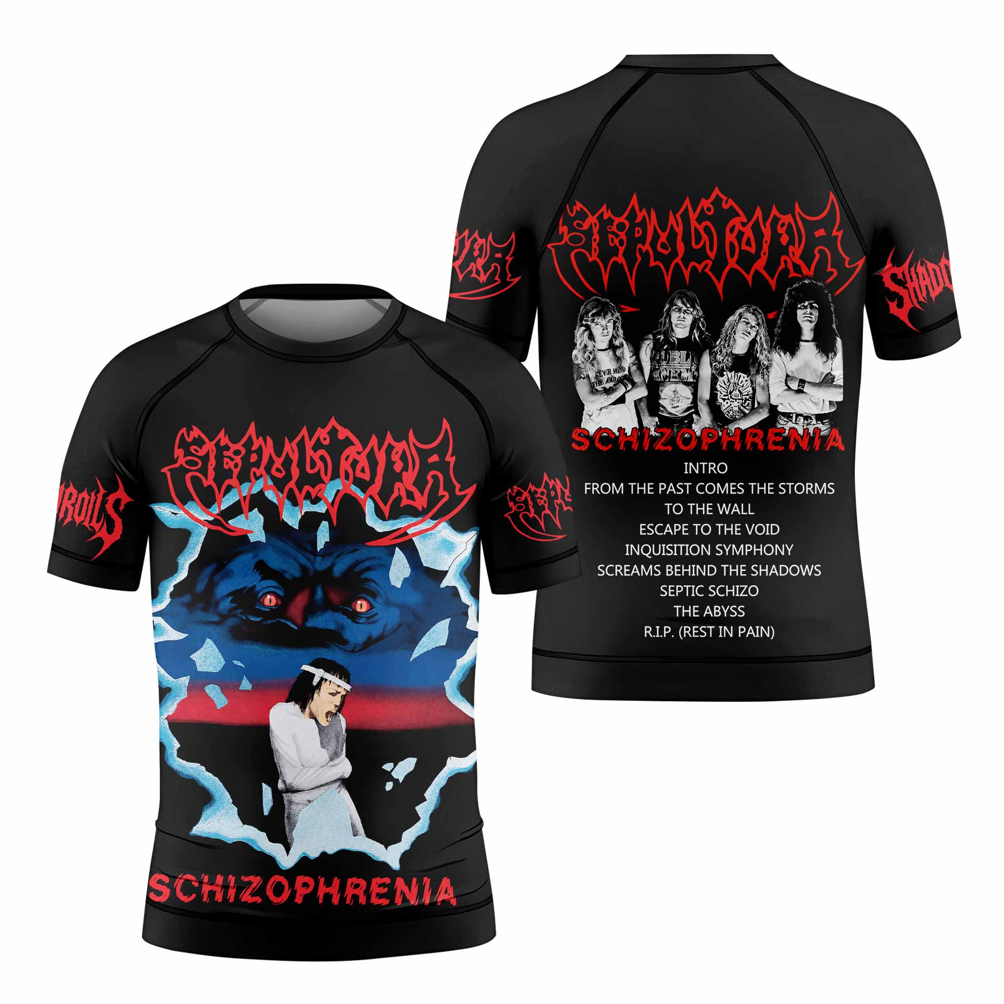 Sepultura Schizophrenia Kids Rash Guard Short Sleeve - front and back view