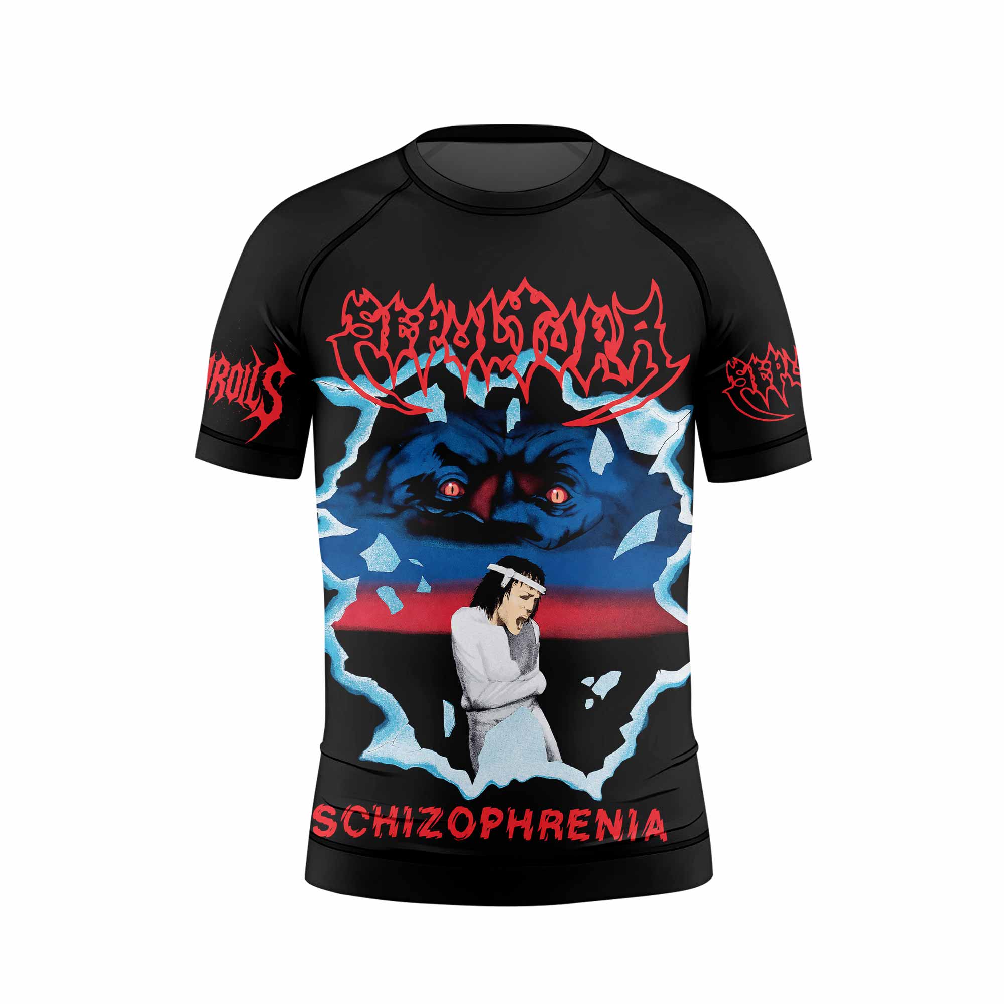 Sepultura Schizophrenia Kids Rash Guard Short Sleeve - front view mockup