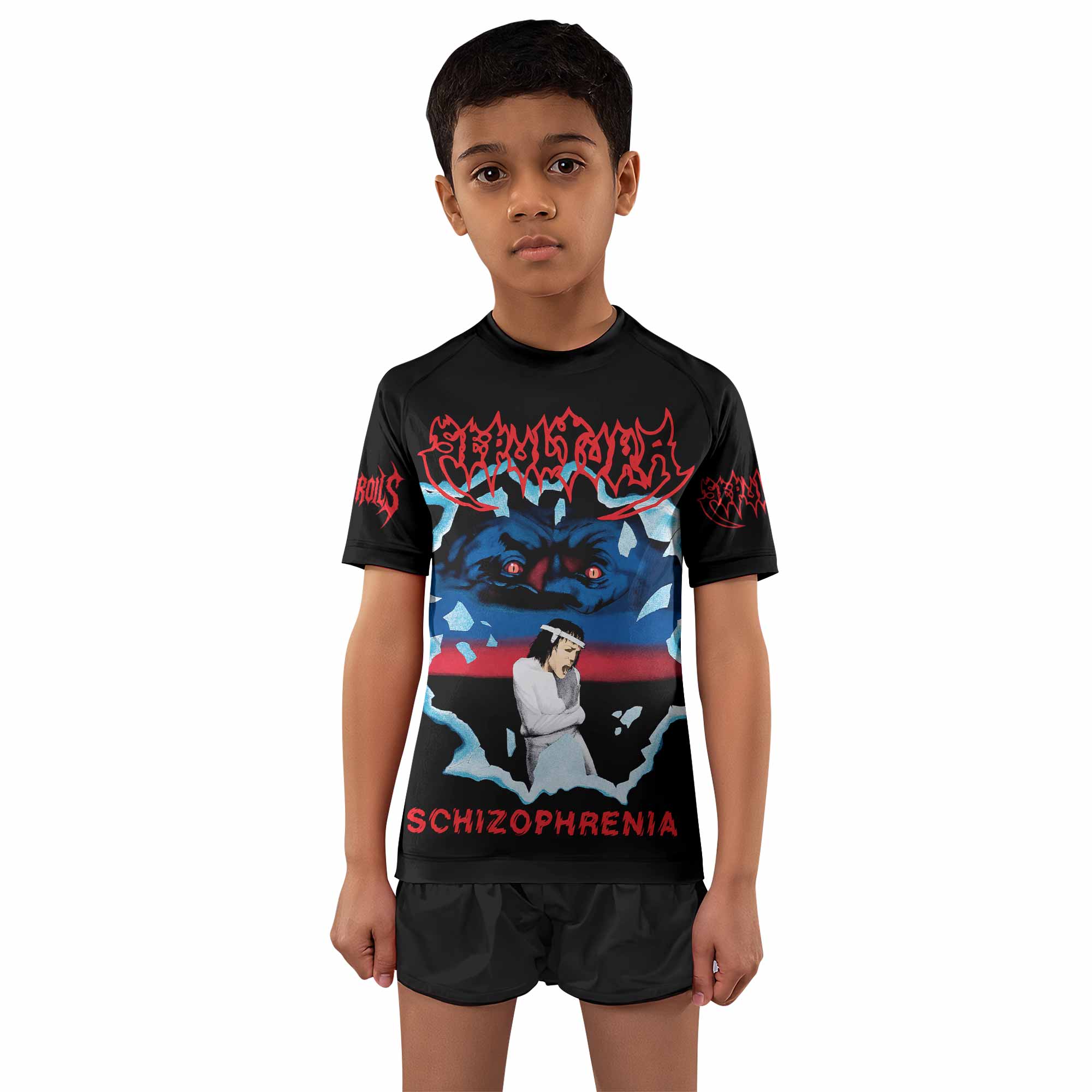 Sepultura Schizophrenia Kids Rash Guard Short Sleeve - boy's lifestyle view