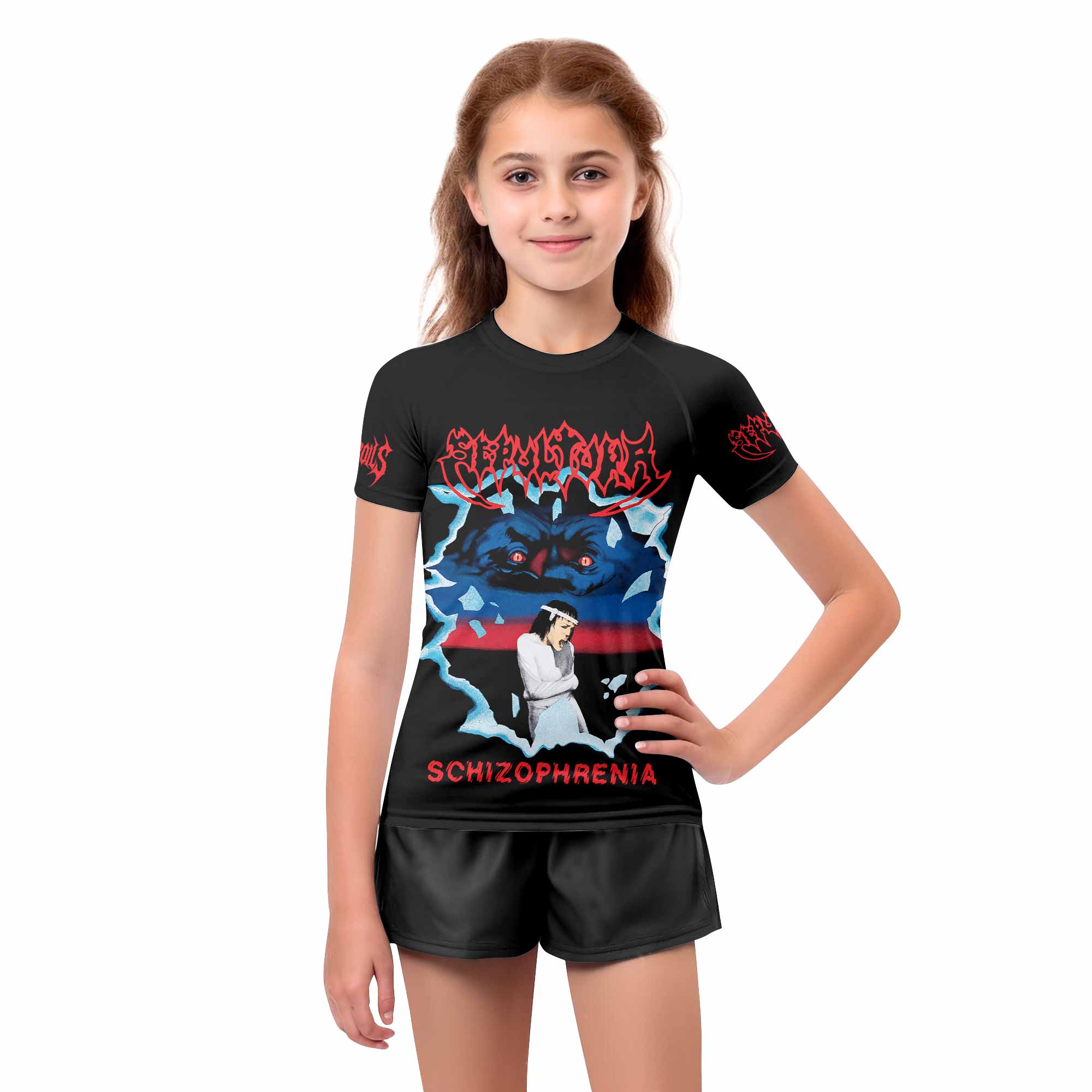 Sepultura Schizophrenia Kids Rash Guard Short Sleeve - girl's lifestyle view