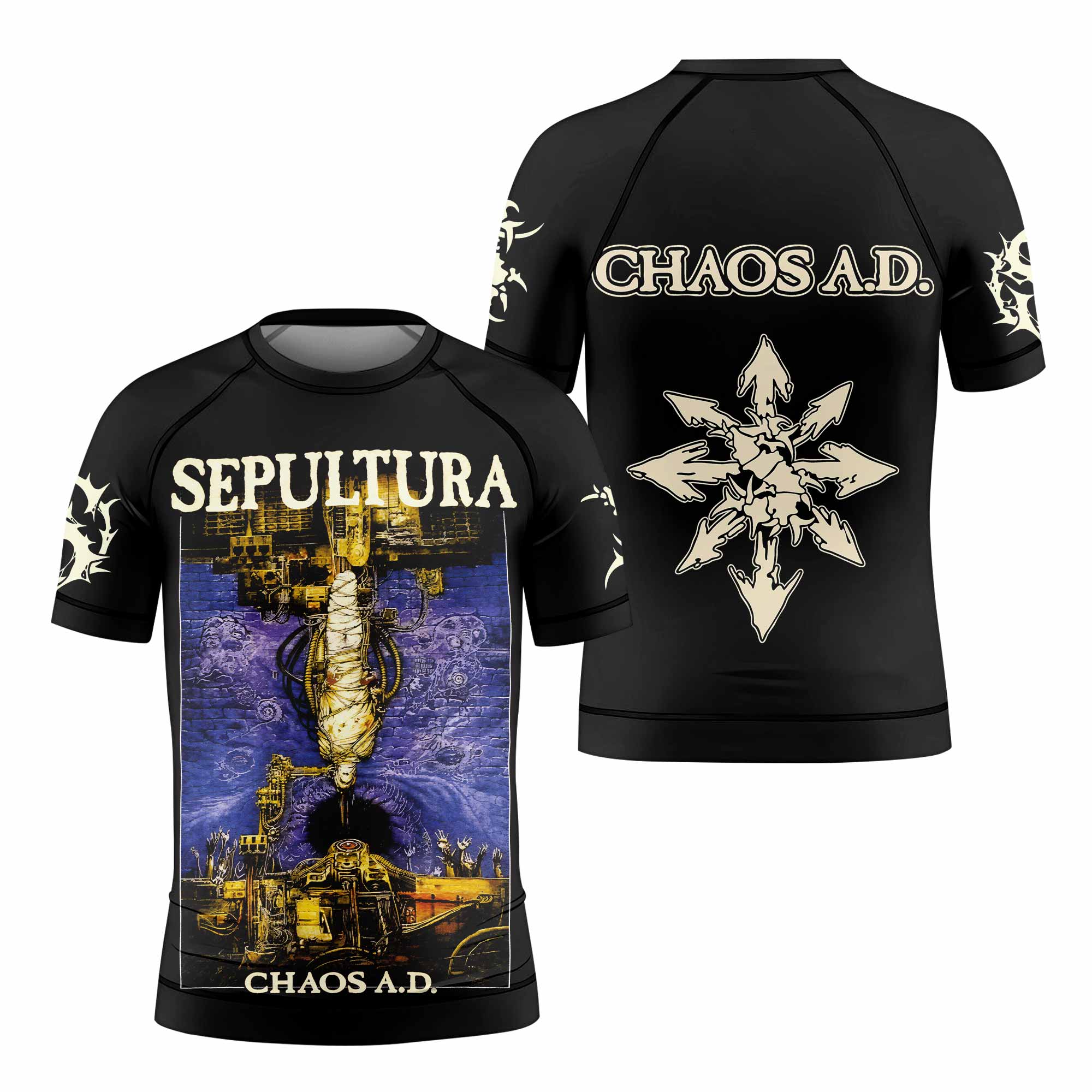 Chaos A.D. Sepultura Kids Rash Guard Short Sleeve - front and back view