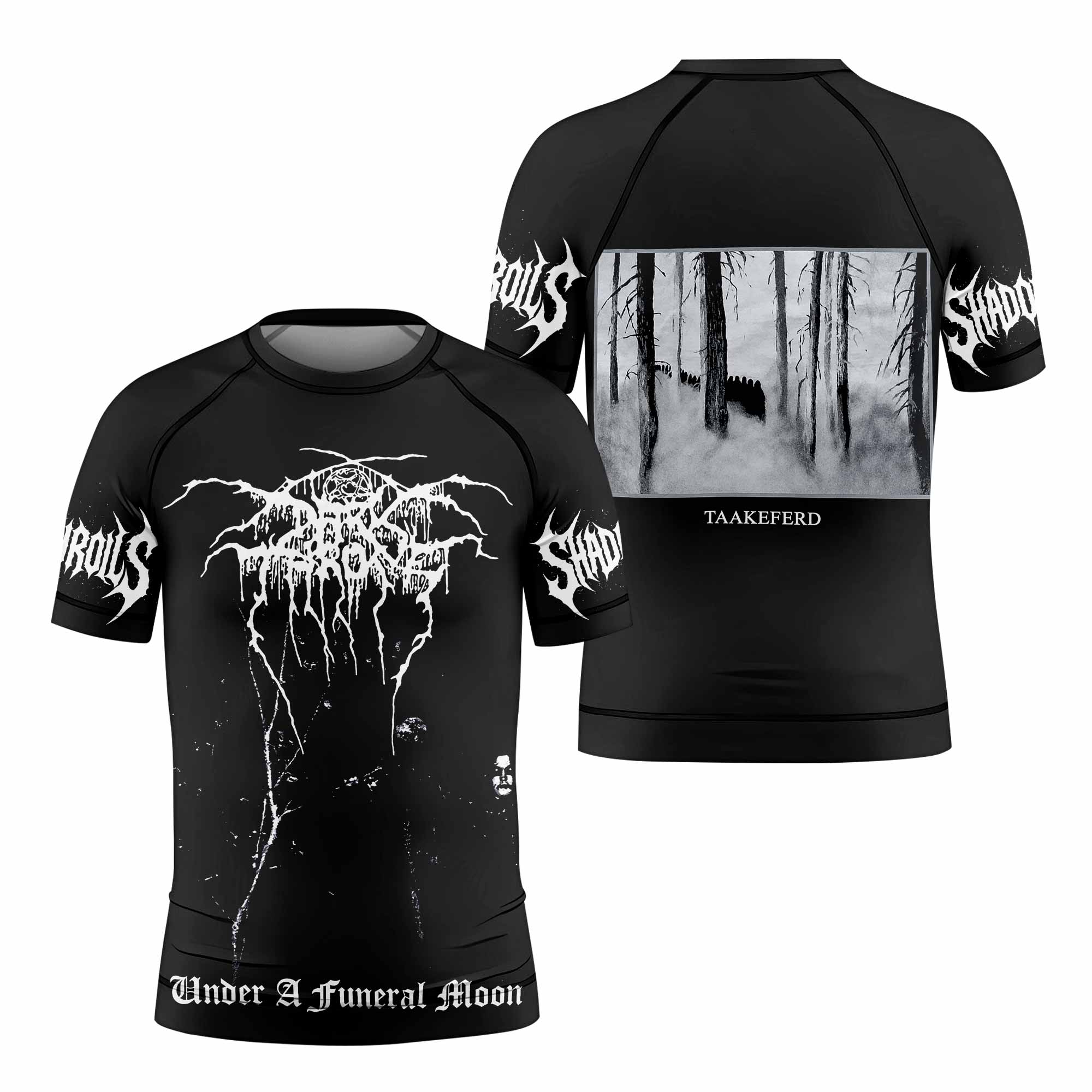 Darkthrone Under a Funeral Moon Kids Rash Guard Short Sleeve - front and back view