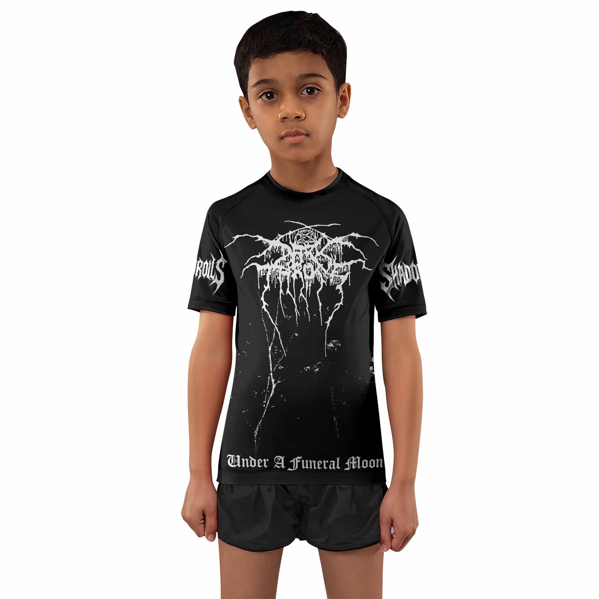Darkthrone Under a Funeral Moon Kids Rash Guard Short Sleeve - boy's lifestyle view
