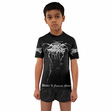 Darkthrone Under a Funeral Moon Kids Rash Guard Short Sleeve - boy's lifestyle view