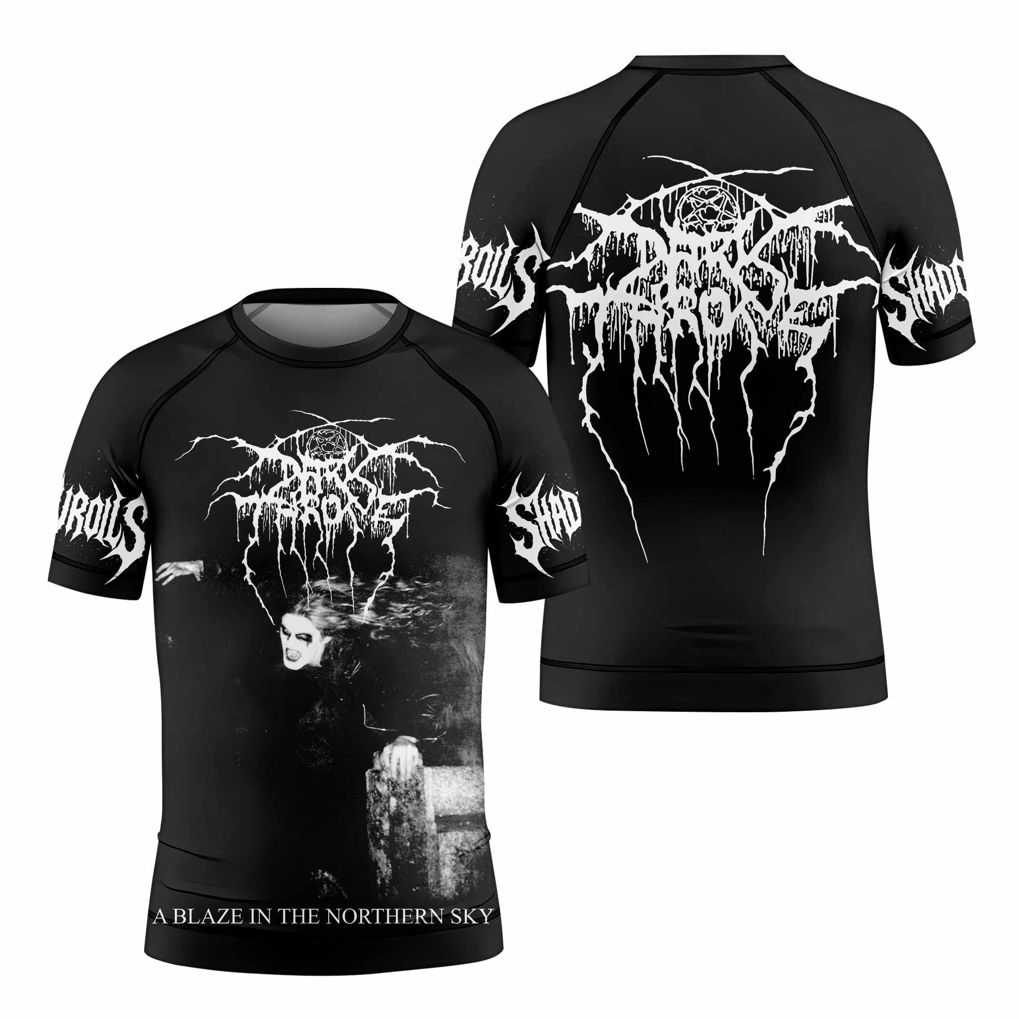 Darkthrone A Blaze in the Northern Sky Kids Rash Guard Short Sleeve - front and back view