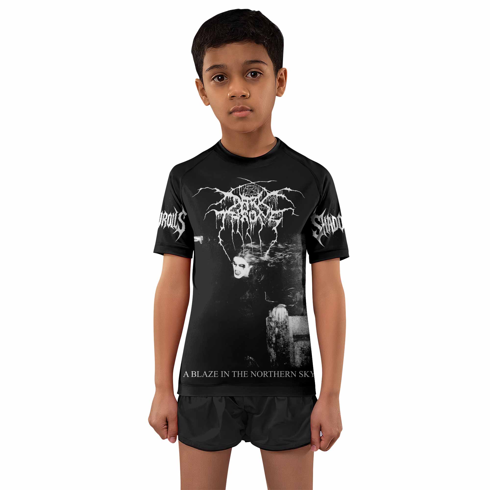 Darkthrone A Blaze in the Northern Sky Kids Rash Guard Short Sleeve - boy's lifestyle view