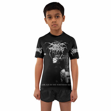 Darkthrone A Blaze in the Northern Sky Kids Rash Guard Short Sleeve - boy's lifestyle view