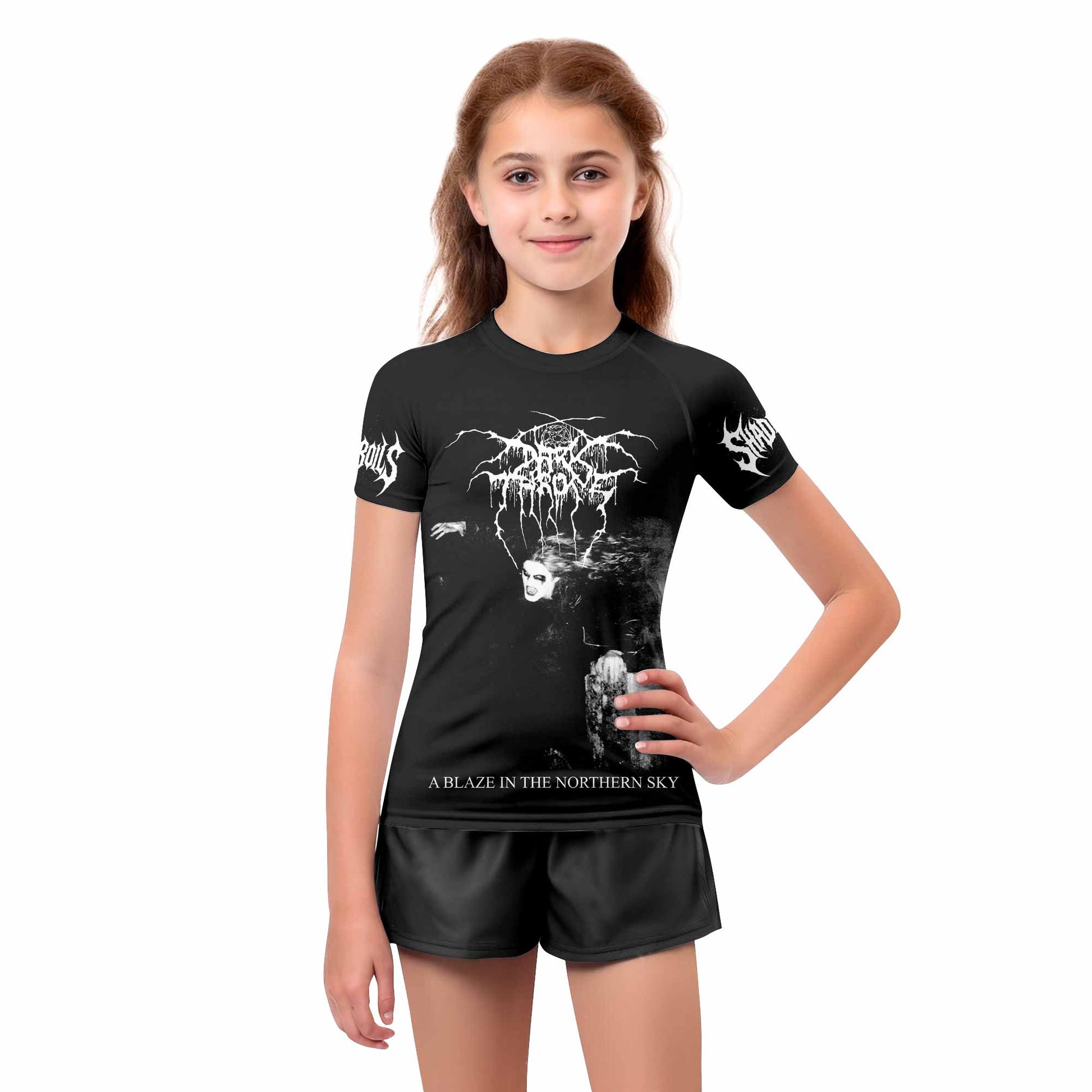 Darkthrone A Blaze in the Northern Sky Kids Rash Guard Short Sleeve - girl's lifestyle view