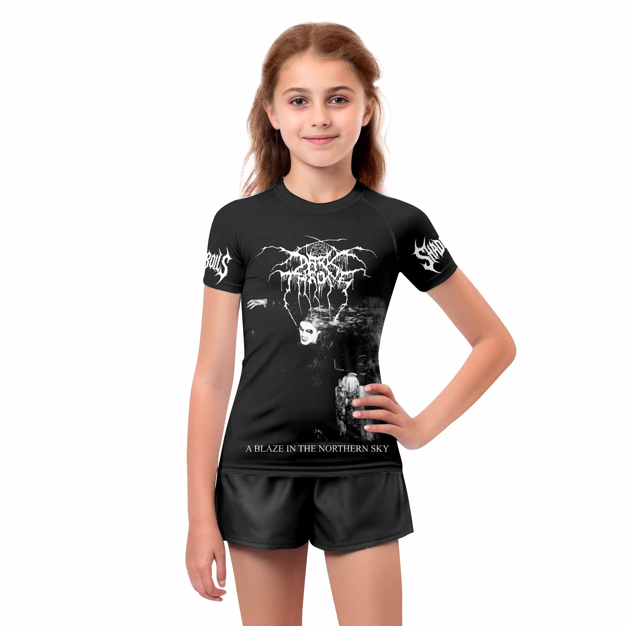 Darkthrone A Blaze in the Northern Sky Kids Rash Guard Short Sleeve - girl's lifestyle view